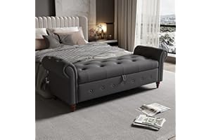 HANLIVES 63" End of Bed Bench,Button Tufted Storage Bench for Bedroom,Rolled Armed Linen Fabric Upholstered Window Bench Seat,Ottoman Bench with Solid Wood Legs for Entryway Living Room(Dark Grey)
