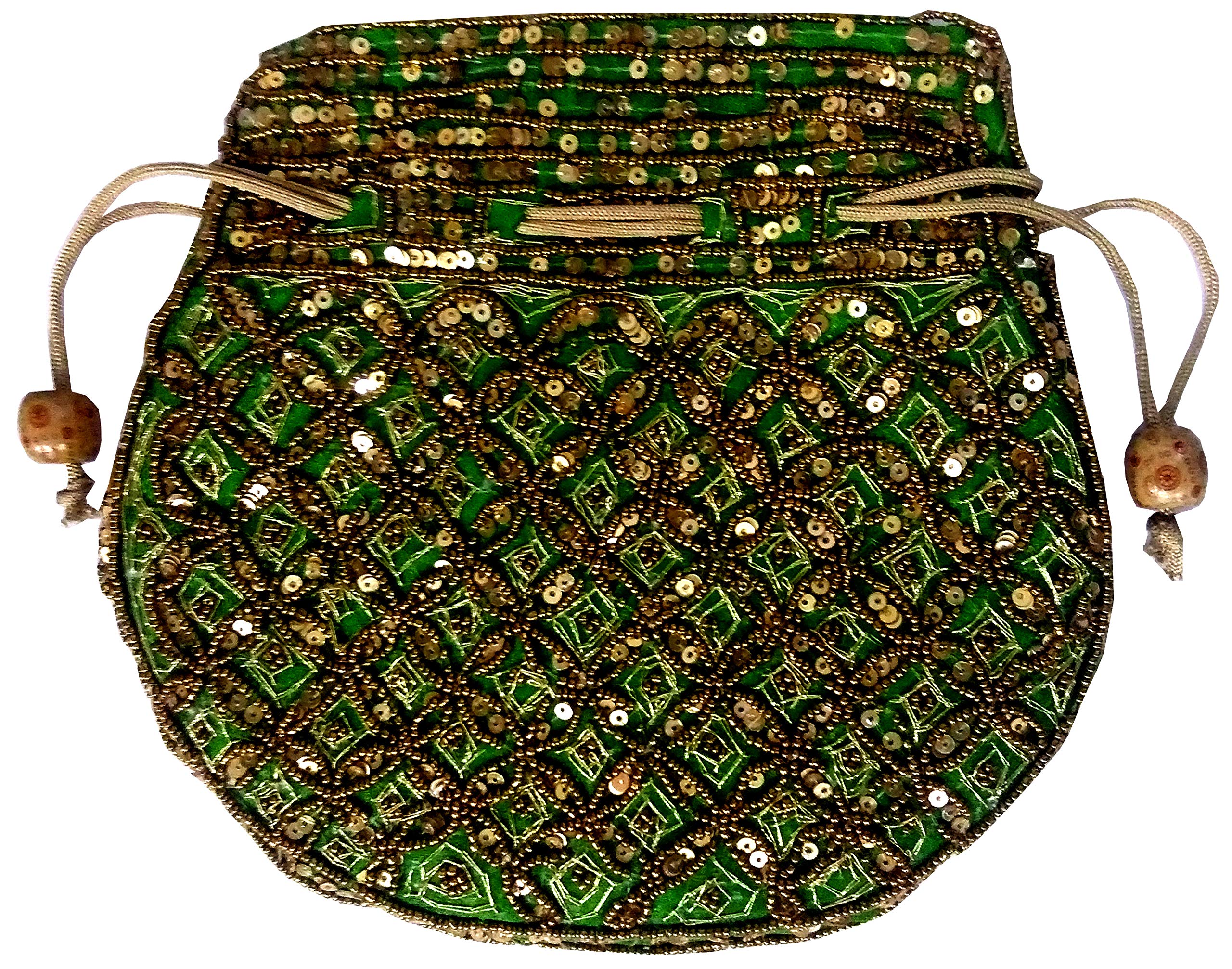 Purpledip Potli Bag (Drawstring Purse): Gold Thread Sequin Embroidery, Green (11805)
