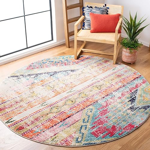 Safavieh Monaco Collection MNC222F Boho Chic Tribal Distressed Non-Shedding Stain Resistant Living Room Bedroom Area Rug, 9' x 9' Round, Multi