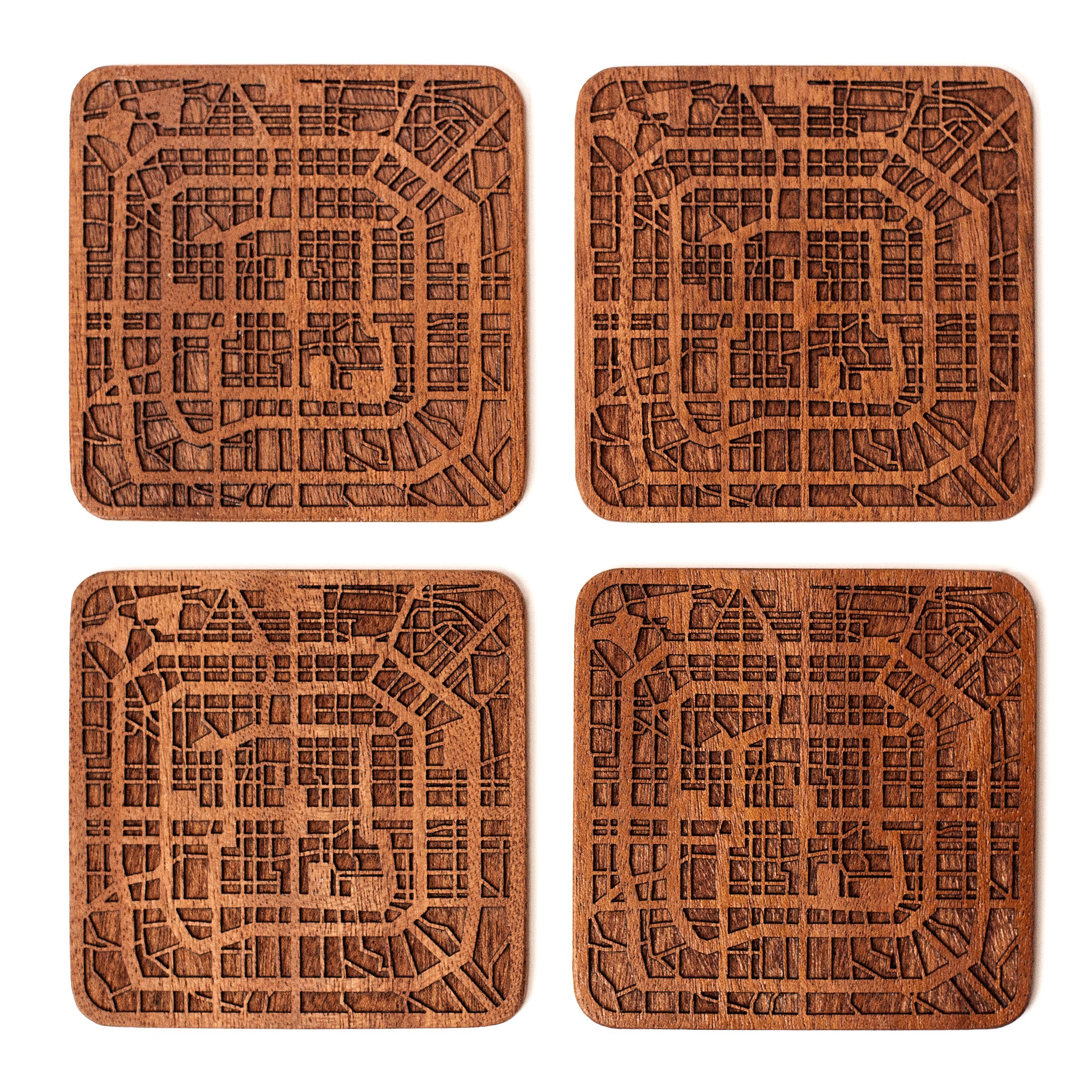Beijing Map Coaster, Set of 4, Sapele Wooden Coaster with City Map, Handmade