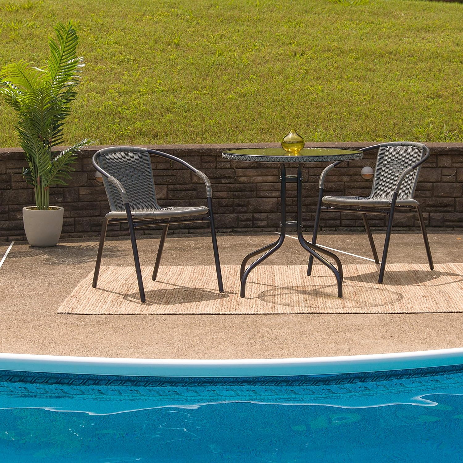 Flash Furniture 28'' Round Tempered Glass Metal Table with Gray Rattan Edging