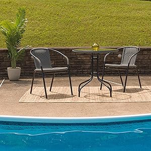 Flash Furniture 28'' Round Tempered Glass Metal Table with Gray Rattan Edging