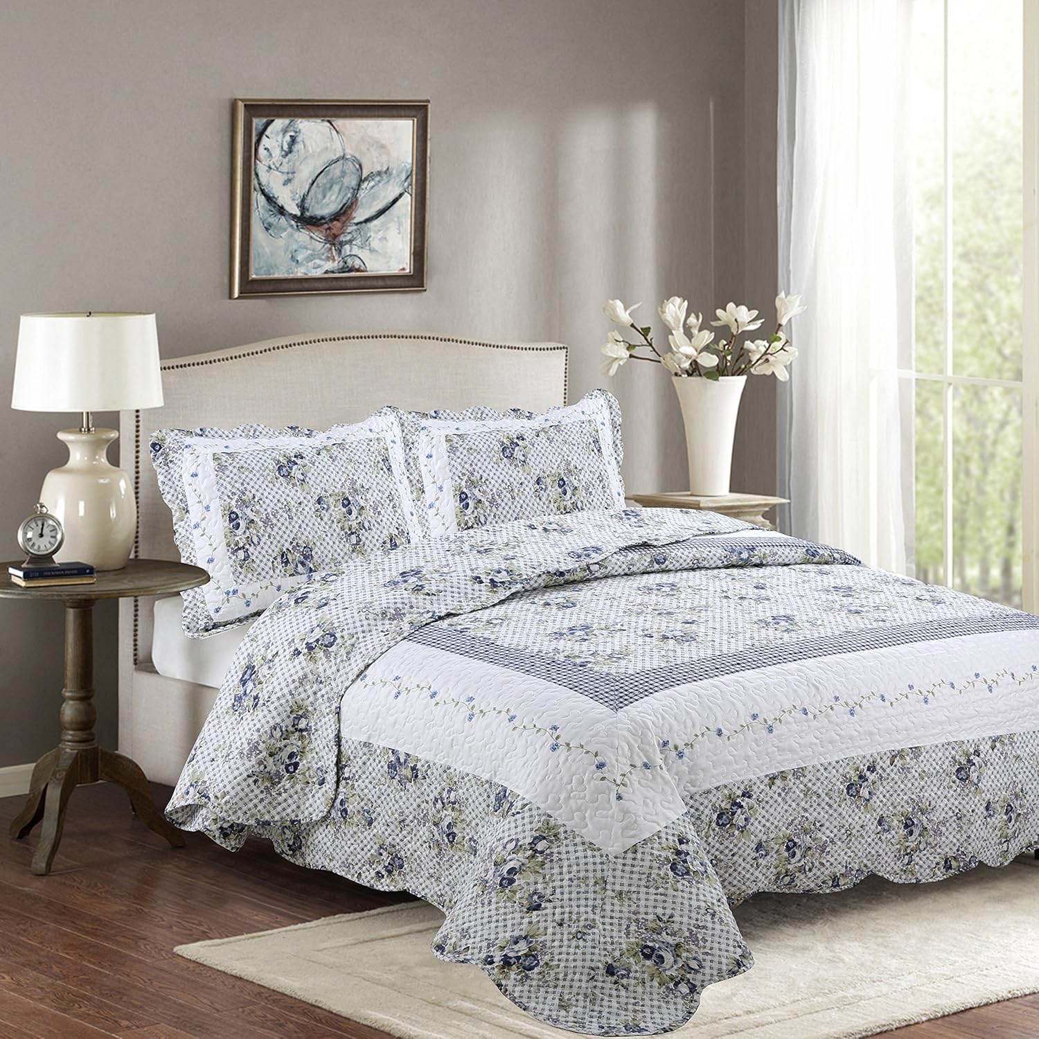 Fancy Collection 3pc King Bedspread Bed Cover Floral White Blue Green