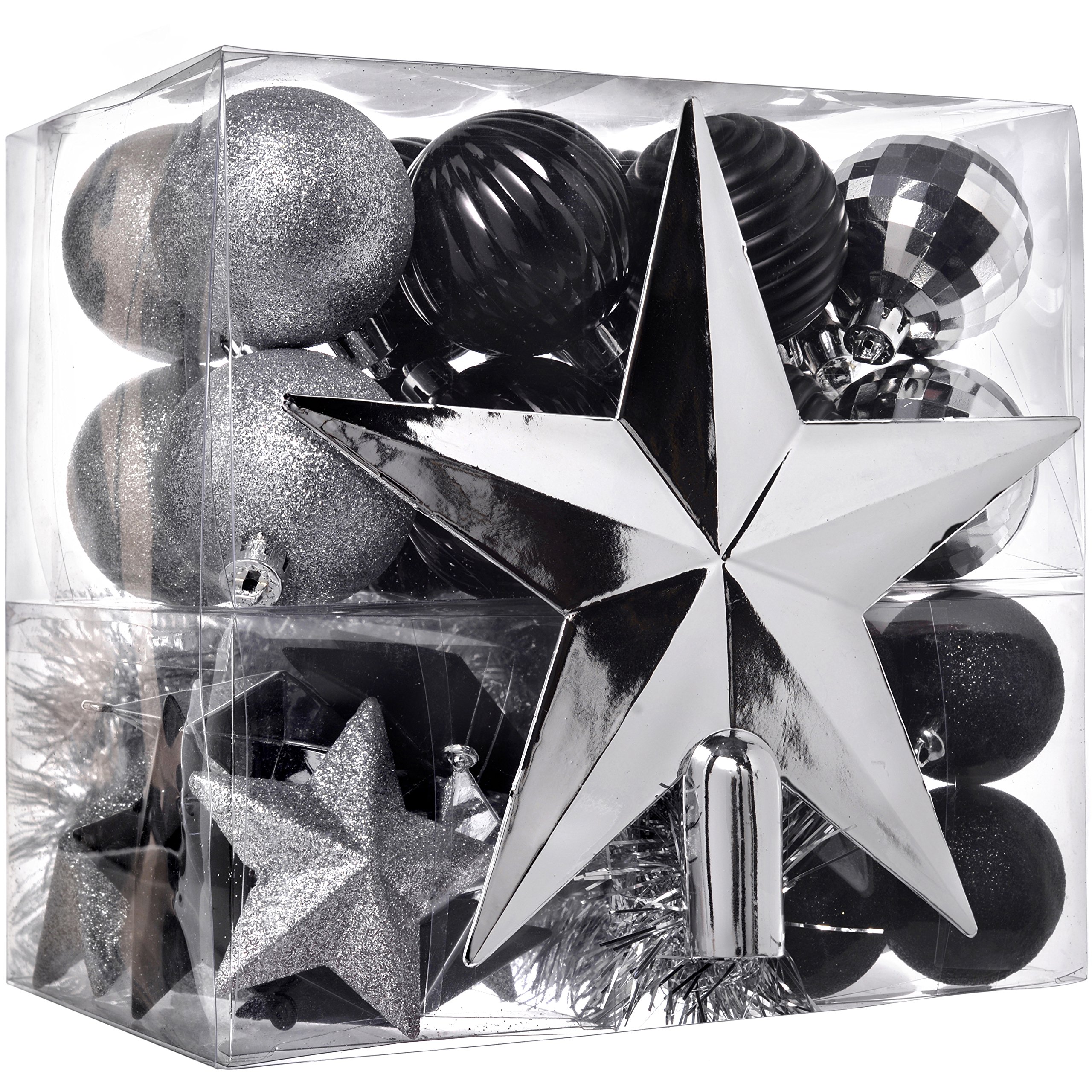 WeRChristmas 42-Piece Shatterproof Baubles Decoration Pack with Tree Topper & Garland - Silver / Black, Multi-colour