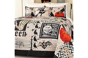 Cmfshape Halloween Bedspread,Black Quilt Set King Size,Pumpkin Ghost Festival Themed Bedding Set,Decorative Quilted 4 Piece Coverlet Set with 3 Pillow Shams(Black,King104 x90)