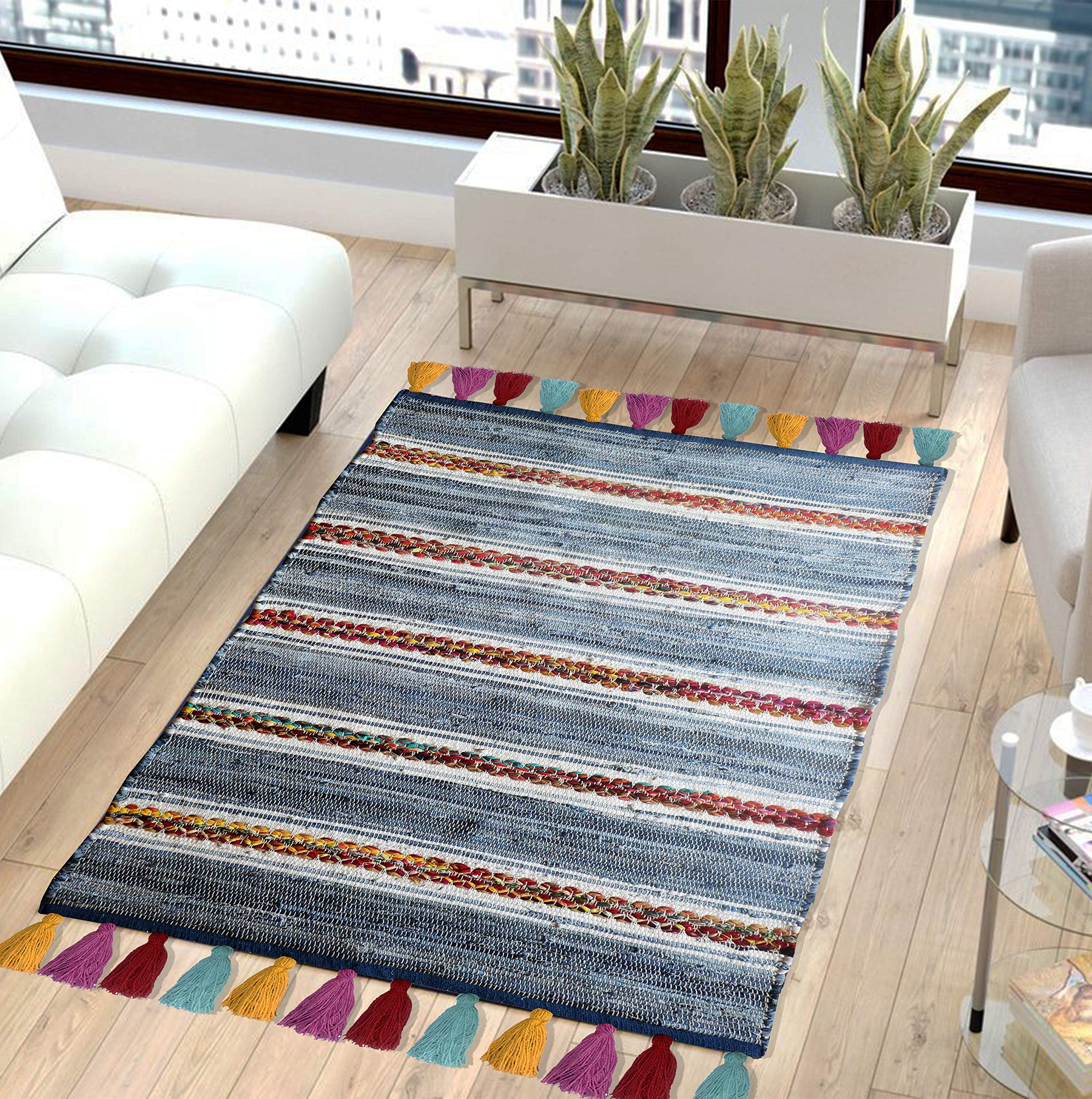Recycled Denim Area Rug | Carpets Suitable for Living Room, Bedroom, Dining Room, Home Décor | Handcrafted Rugs | Non-Skid | Bohemian Contemporary | 3’ x 5’ | Denim Rag – The Home Talk Store