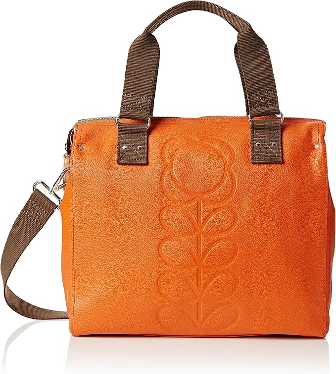 Orla Kiely Embossed Flower Leather Messenger, Orange Clothing