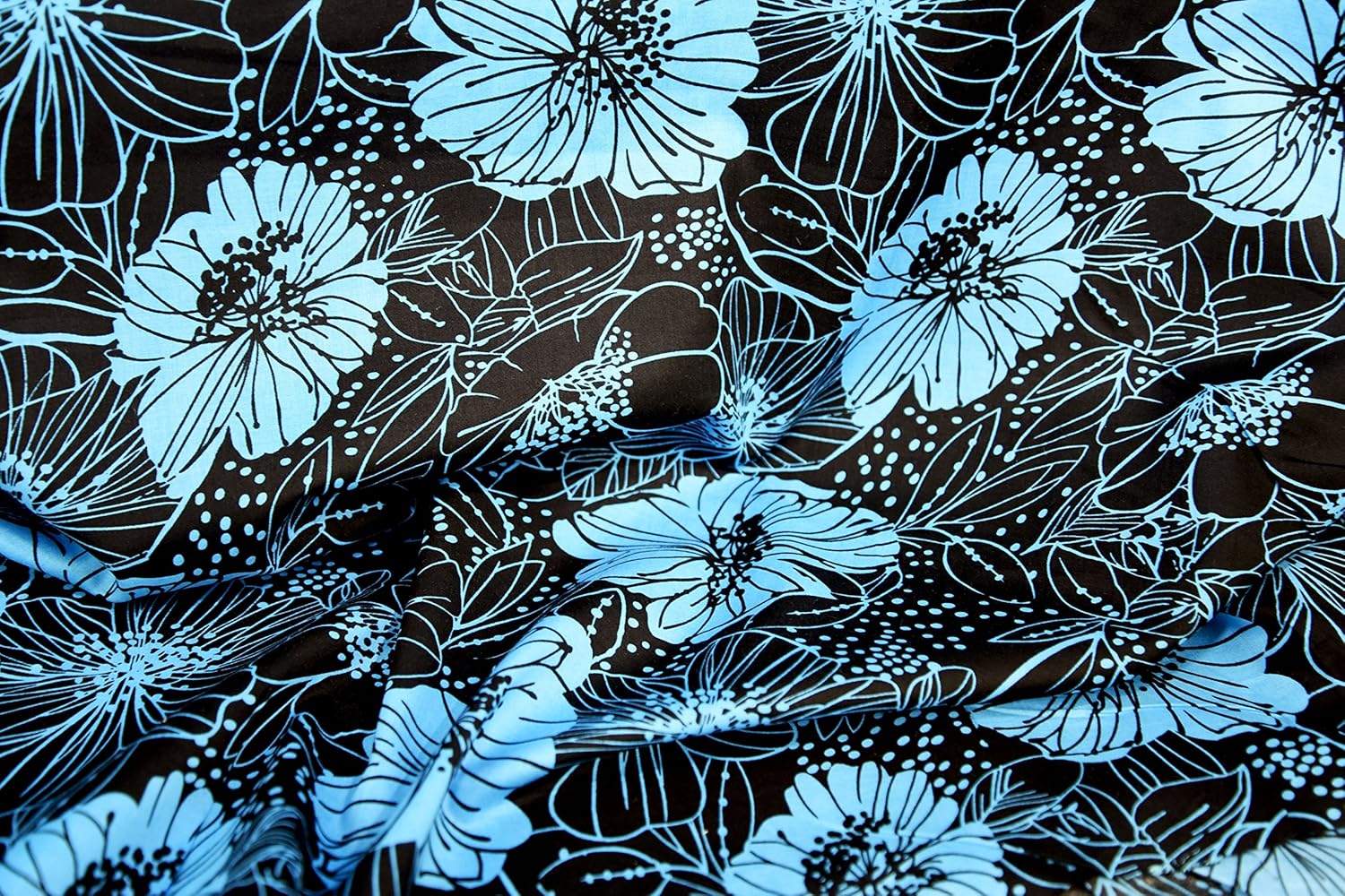 Blue And Black 1 metre Flower Printed 100 Cotton Lawn Fabric