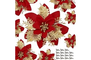 Childom 15 PCS Red Poinsettia Flower Artificial Poinsettias With Clips Christmas Decorations Glitter Poinsettia Christmas Ornaments Xmas Tree Flower Decor with Stems DIY Xmas Wreath Home Holiday Party