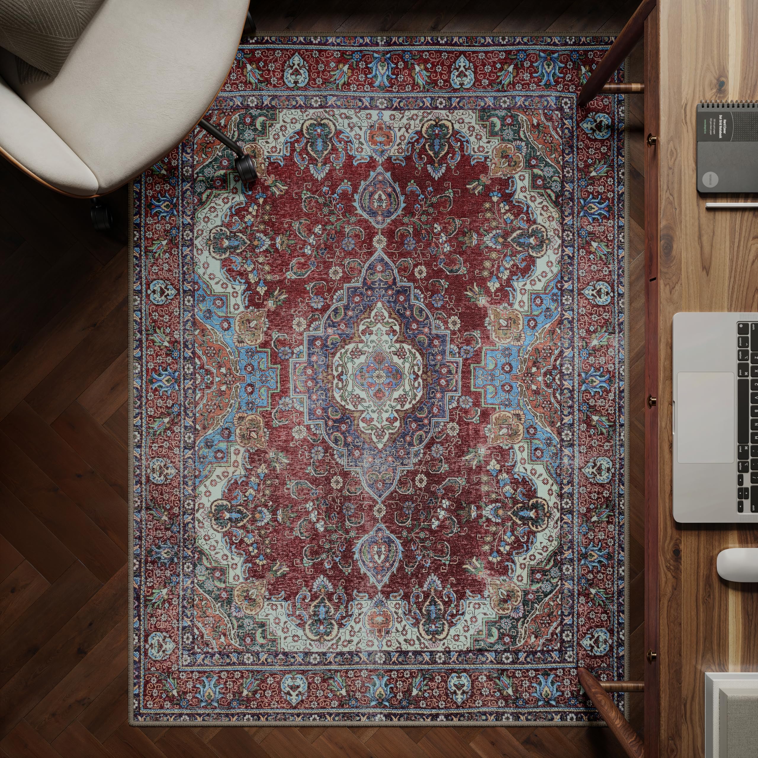 artyrugs Machine Washable Rug, 122x170cm, 75% Recycled Cotton, Short Pile, Non-Slip Backing, Non-Shedding, Suitable for Living Room, Bedroom, Kitchen, Hallway, Office, Burgundy Red & Blue