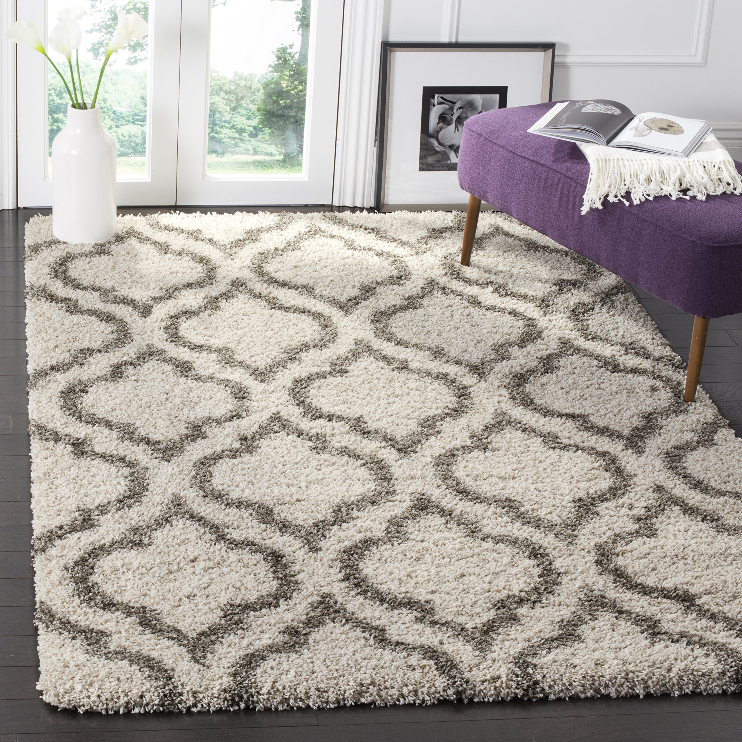SAFAVIEH Hudson Shag Collection Area Rug - 10' x 14', Ivory & Grey, Moroccan Design, Non-Shedding & Easy Care, 2-inch Thick Ideal for High Traffic Areas in Living Room, Bedroom (SGH284A) Image