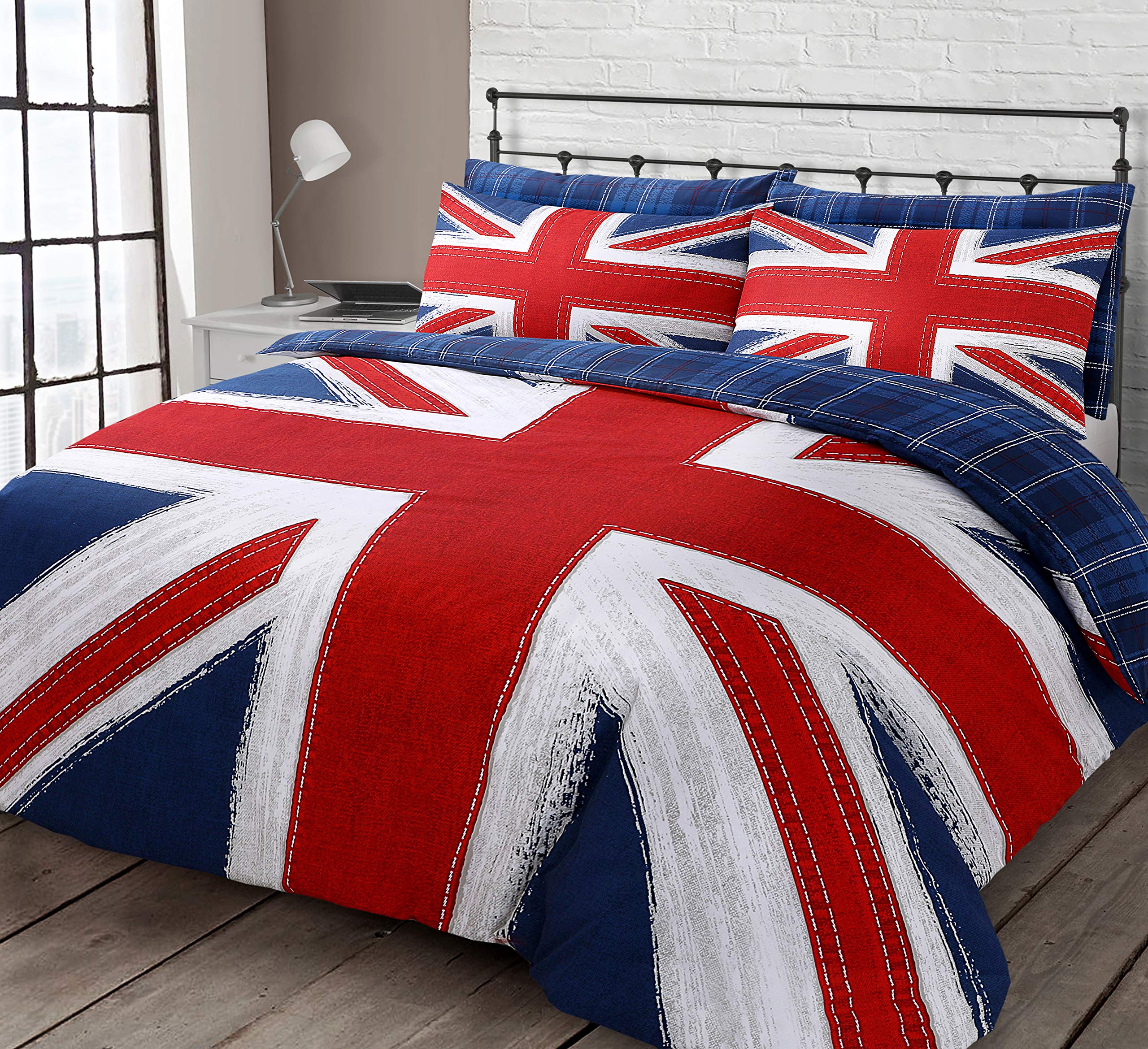 Velosso Union Jack England Red Blue Checkered Reversible Bedding Set/Quilt Cover and Pillowcase Set (King)