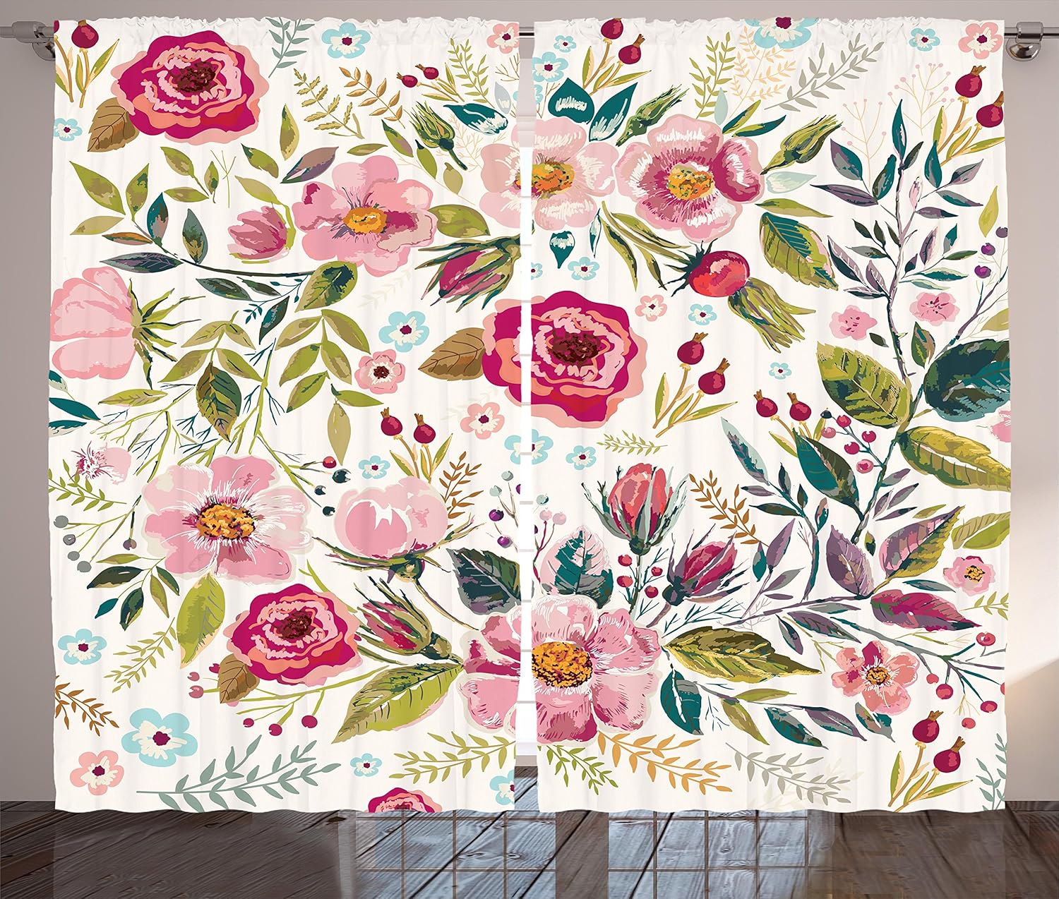 Ambesonne Floral Curtains, Shabby Chic Flowers Roses Pedals Dots Leaves Buds Spring Season Theme Image Artwork, Living Room Bedroom Window Drapes 2 Panel Set, 108W X 84L Inches, Multicolor