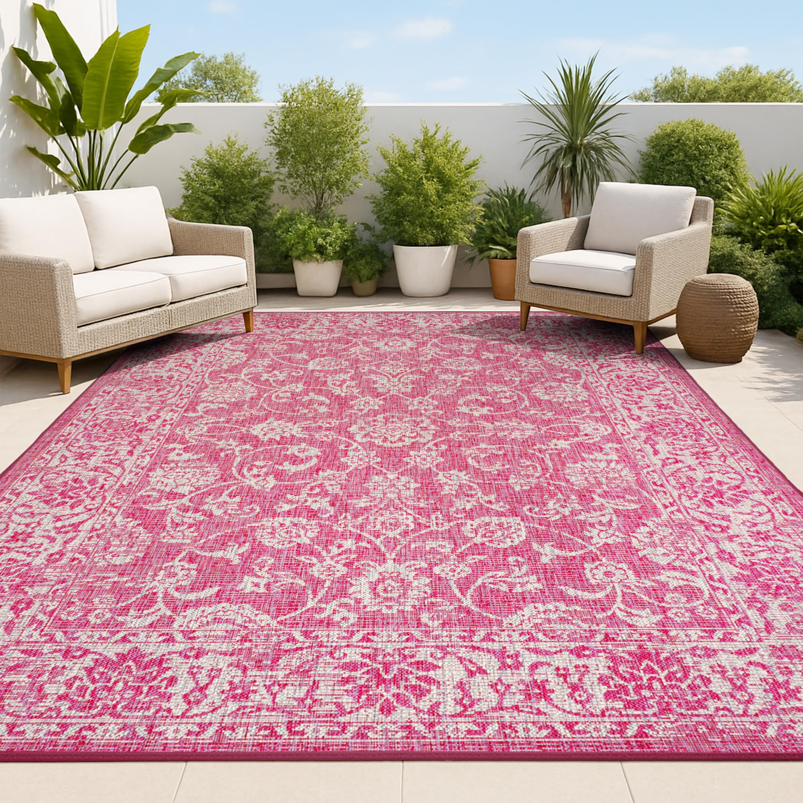 JONATHAN Y Weave Floral Indoor Outdoor Area Rug 8X10 Fuchsia/Light Gray, Tela Bohemian Textured for Backyard, Patio, Porch, Easy-Cleaning, High Traffic, Pet-Friendly, Non-Shedding (SMB100G-8) Image