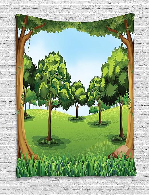 Amazon Com Ambesonne Forest Tapestry Clear Day In The Woods Theme Cartoon Drawing Style Idyllic Summer Wall Hanging For Bedroom Living Room Dorm 60 X 80 Green Pale Blue Caramel Home Kitchen