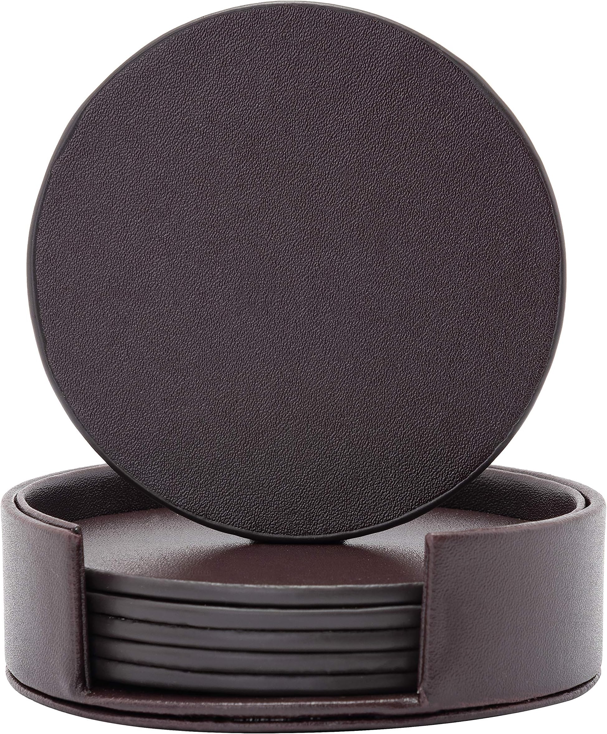 Coasters For Drinks. Drink Coasters - Round Coasters for Drinks with Holder Set. Coasters for Drinks Comes in Various Colours. Premium PU Leather Coaster Sets. Beber Posavasos. Posavasos Para Bebidas.