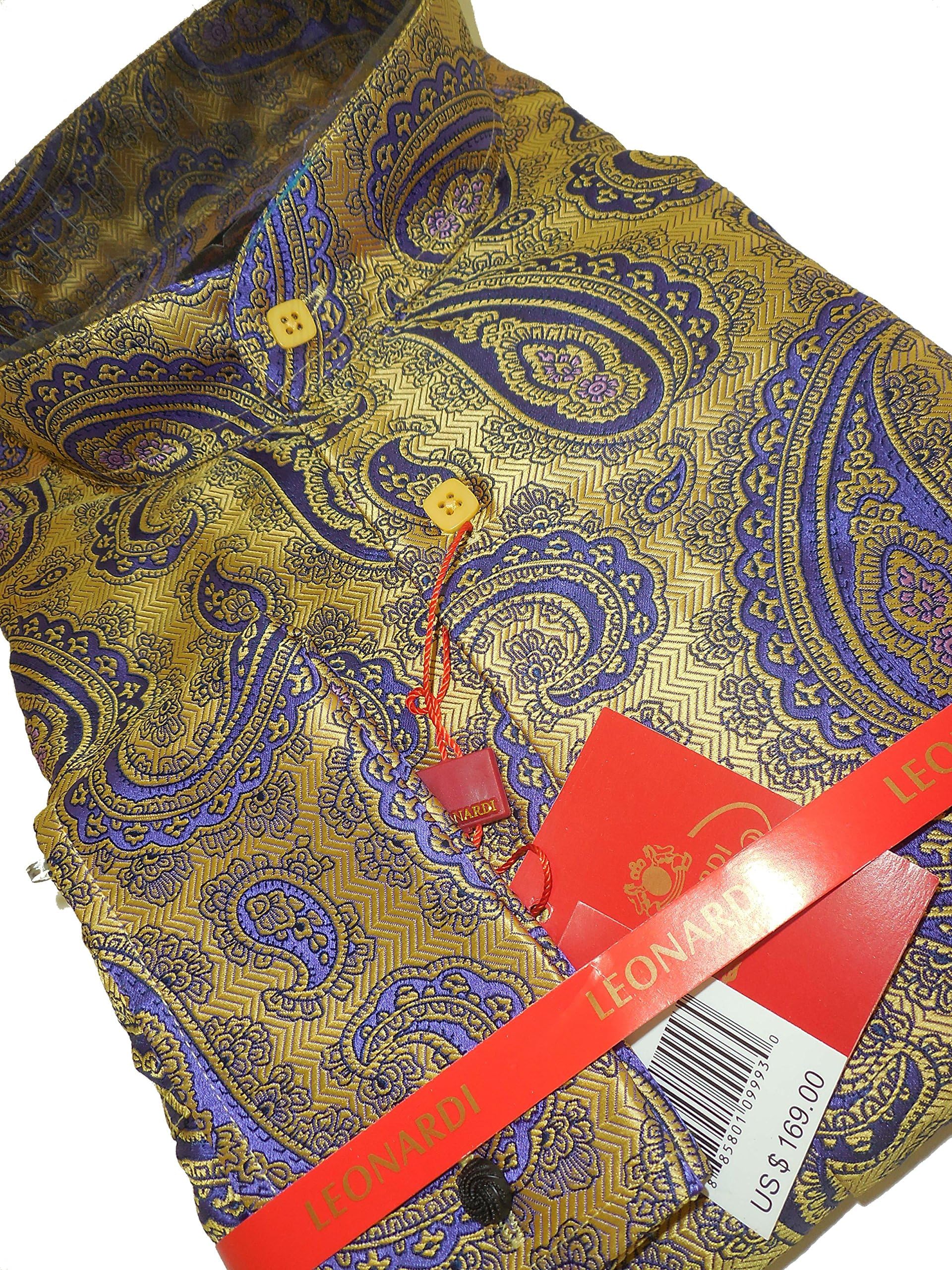 Leonardi 324 Mens Gold & Purple Mandarin Nehru Collar French Cuff Shirt