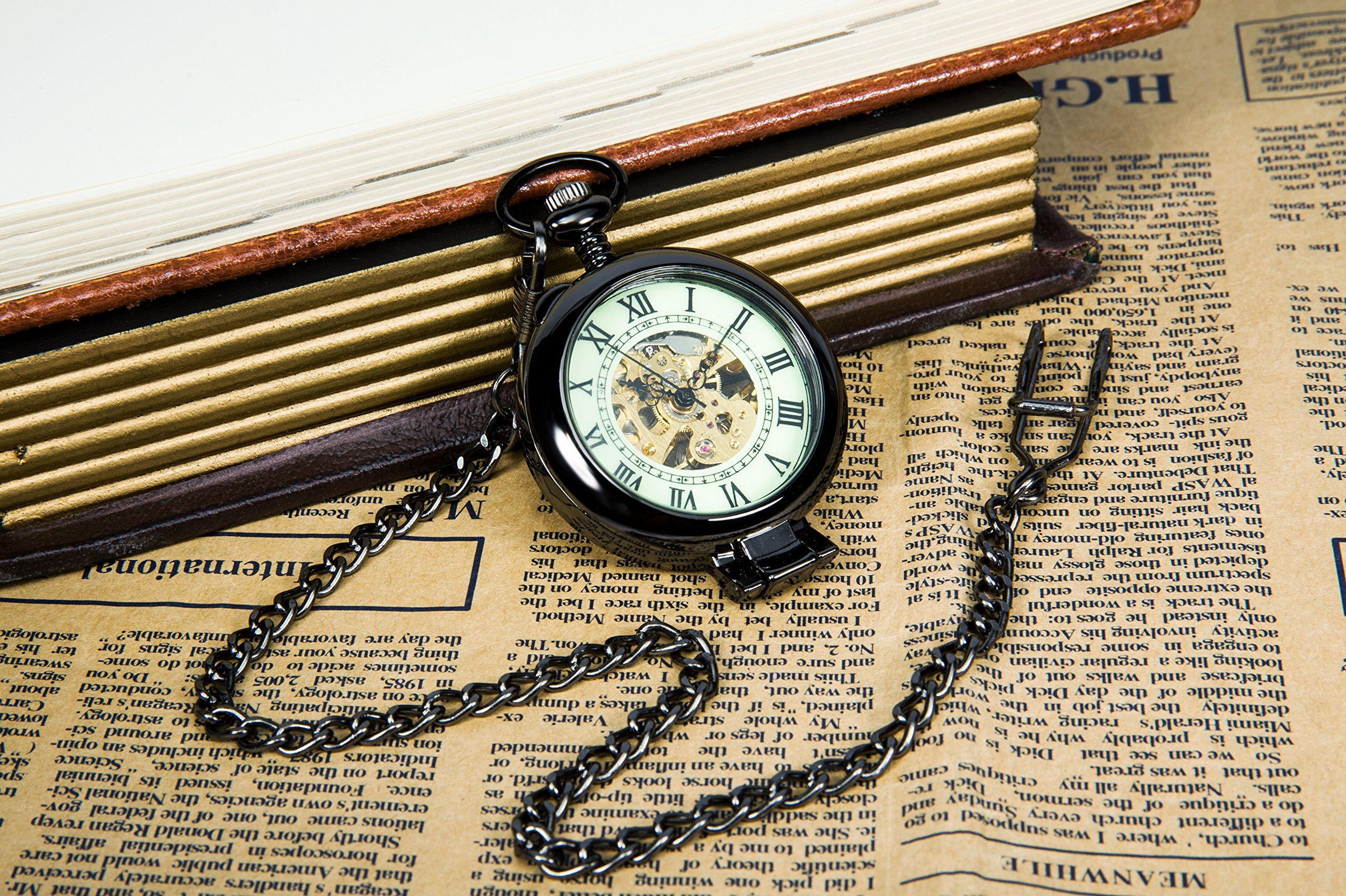 SEWOR Mens Luminous Dial Hand Wind Mechanical Pocket Watch with Brand Leather Gift Box (Stand Up Black)