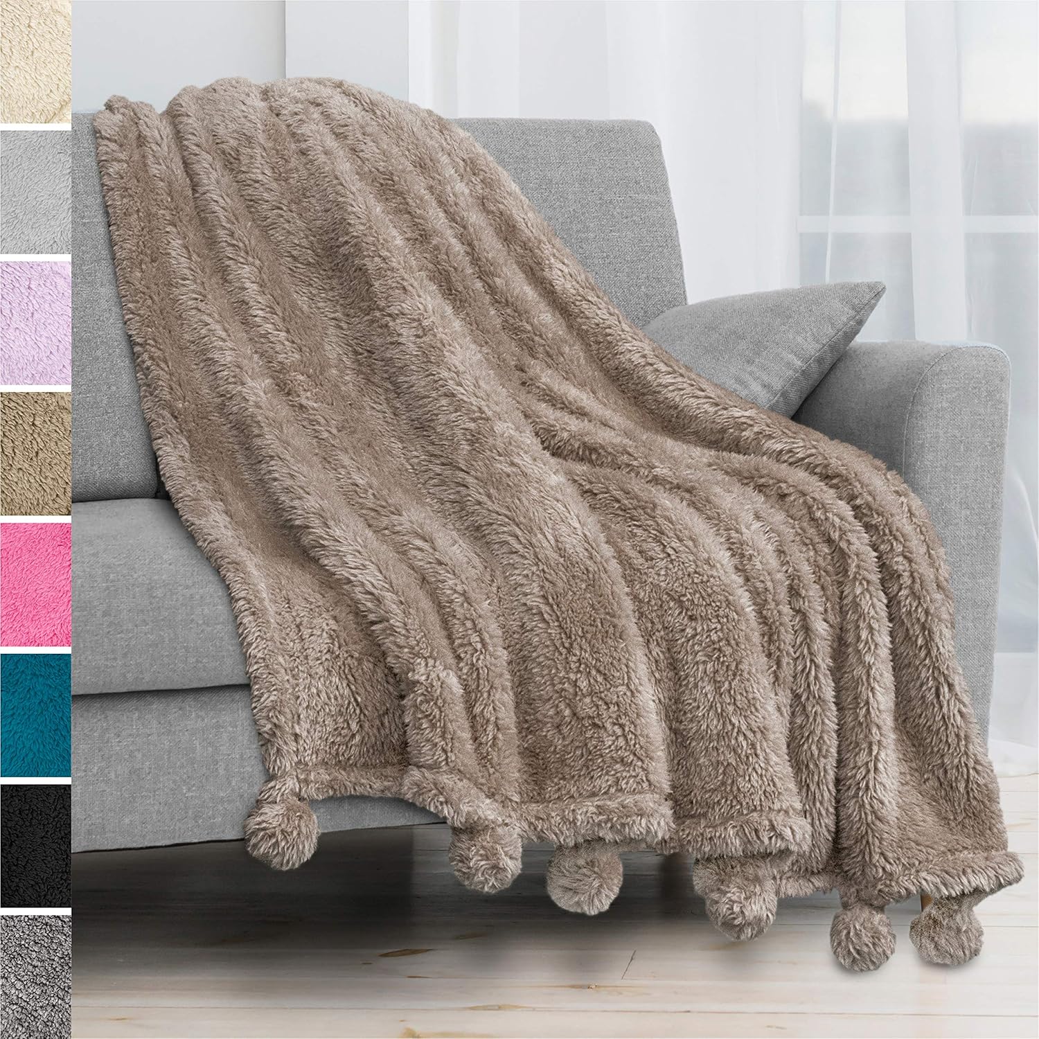 PAVILIA Plush Sherpa Throw Blanket with Pom Pom Fringe | Fluffy Microfiber Fleece Throw | Soft, Fuzzy, Cozy, Shaggy, Lightweight | Solid Purple Lavendar Blanket | 50 x 60 Inches: Home & Kitchen