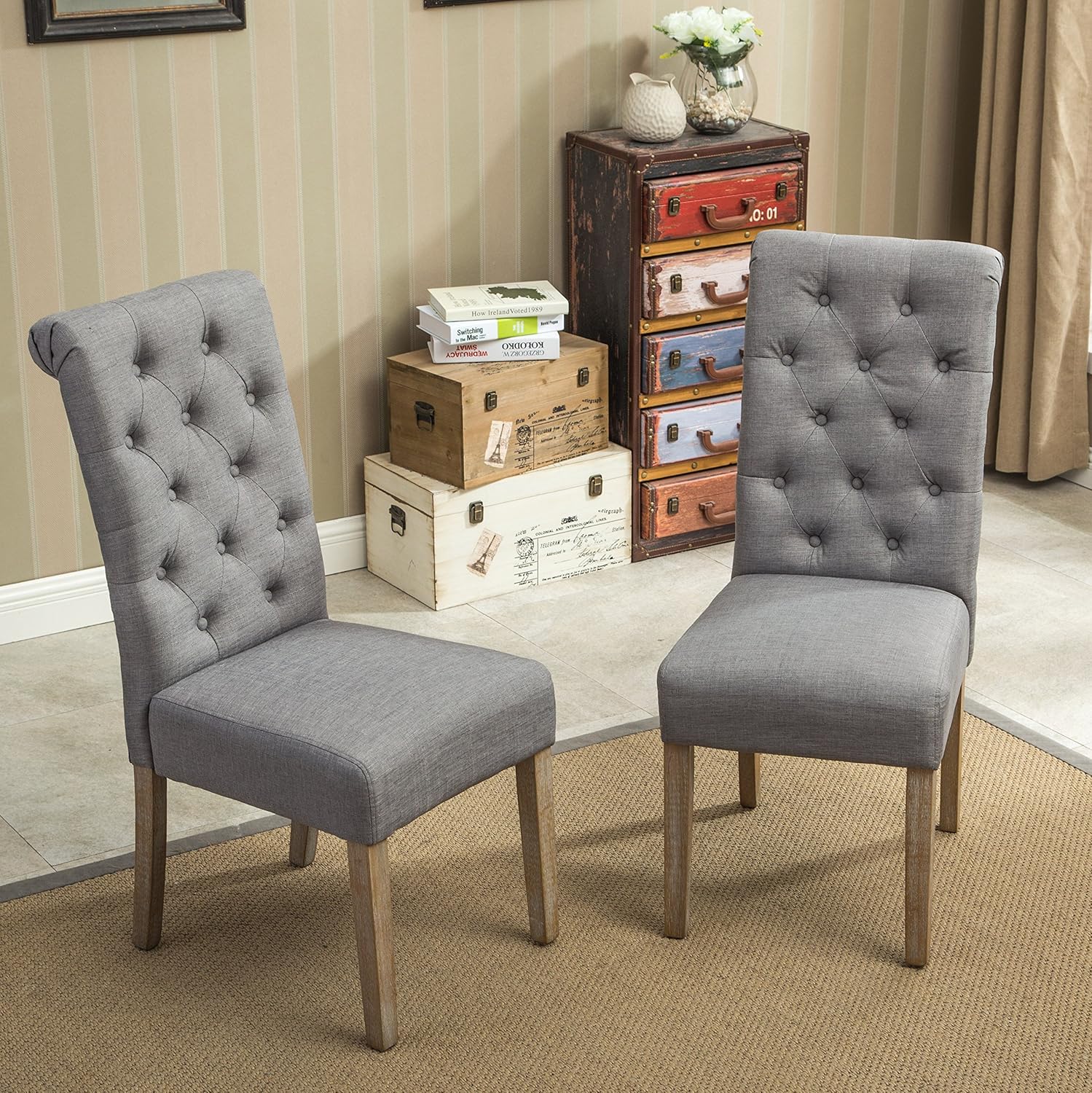 Roundhill Furniture Habit Grey Solid Wood Tufted Parsons Dining Chair (Set of 2), Gray - Chairs