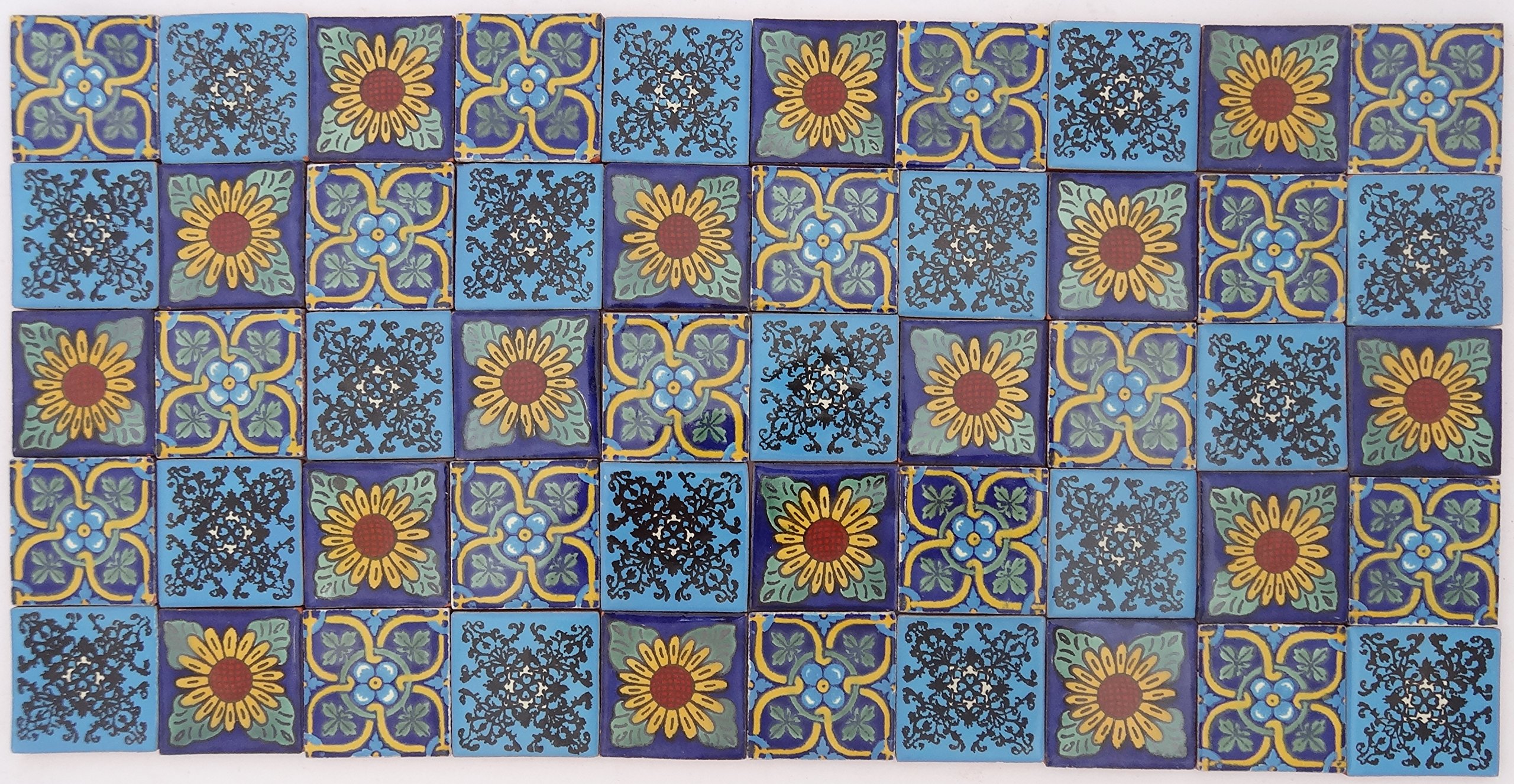 Tumia LAC Handmade Mexican Talavera Tile - Authentic Style Blue Tones Ceramic Tiles for Crafts, Backsplashes and Home Improvement - 50 Pack