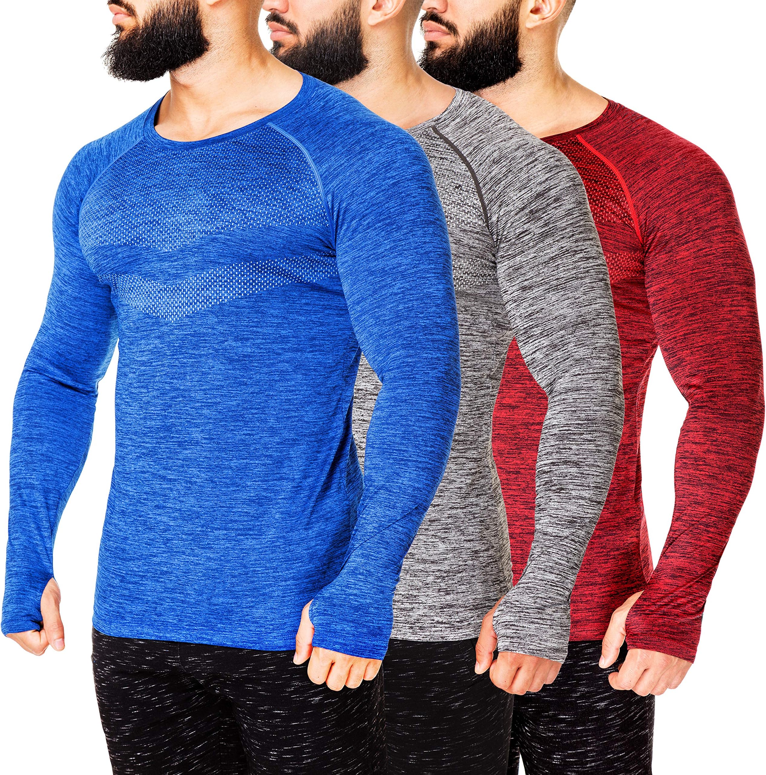 Kamo Fitness Long Sleeve Activewear T-Shirt for Men with Fast Drying and Moisture Transport (Small, Grey,Red,Blue)