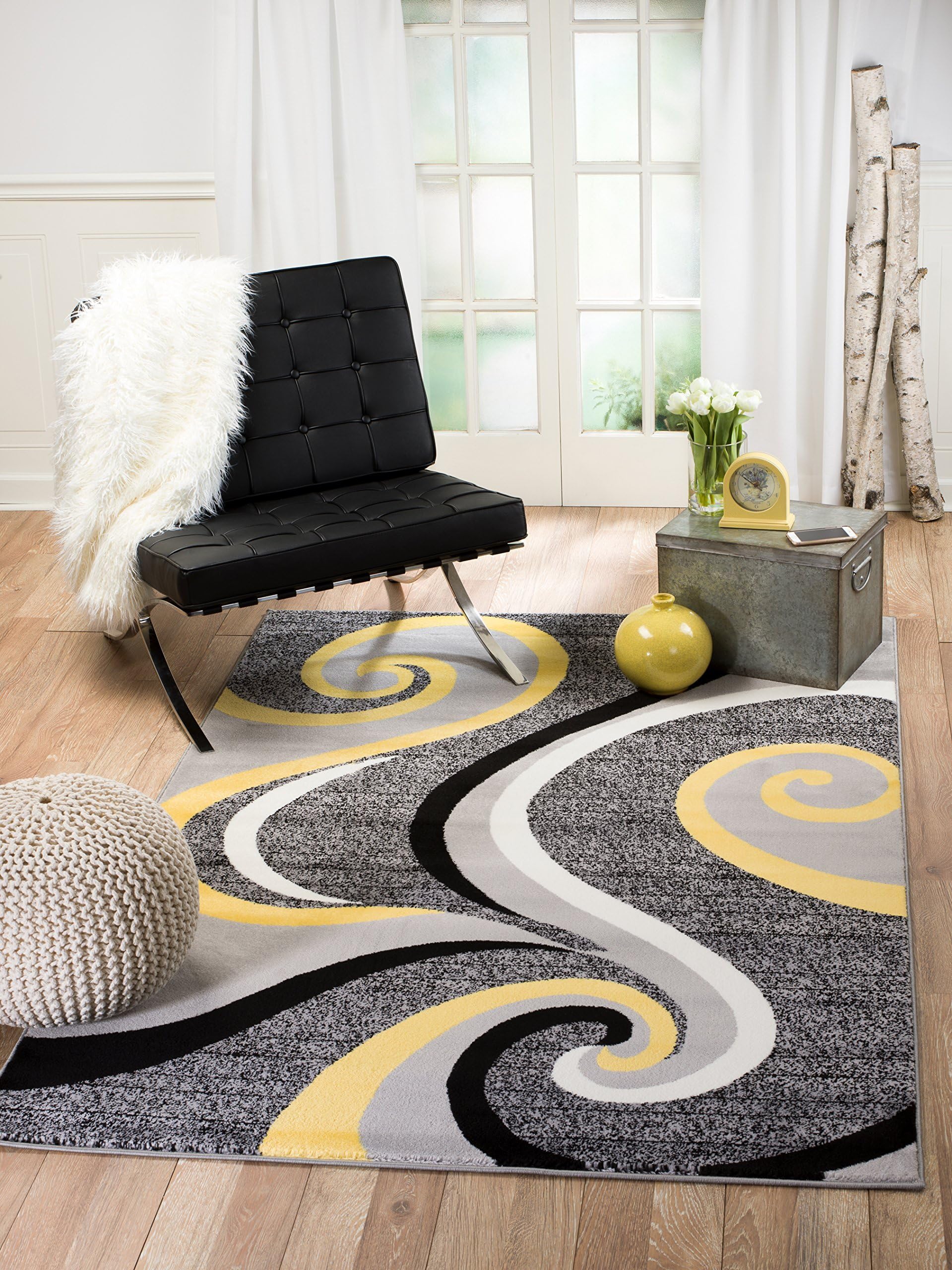 Summit 39 Yellow Grey Swirl Area Rug Modern Abstract Many Sizes Available (3'.6" x 5'), 3'.6" x 5'