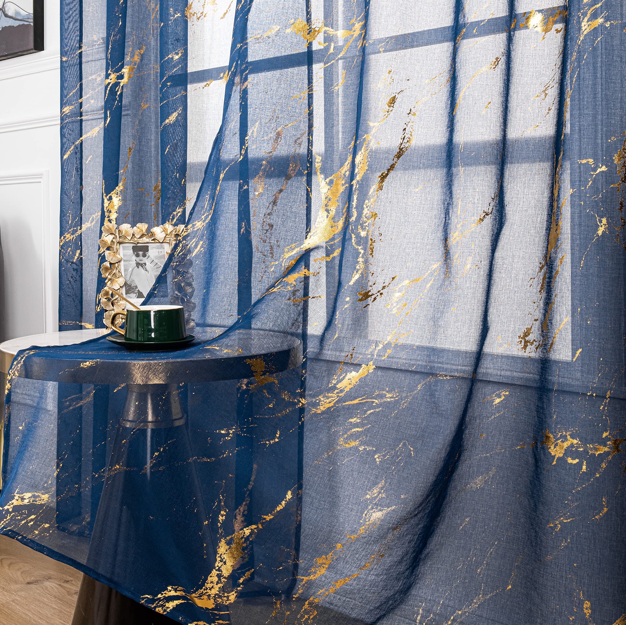 Photo 1 of Sutuo Home Marble Sheer Curtains 84 Inch Length, Gold Foil Print Metallic Bronzing, Privacy Window Treatment Abstract Drape Pair 2 Panels Set for Bedroom Kitchen Living Room 52" W x 84" L, Navy Blue