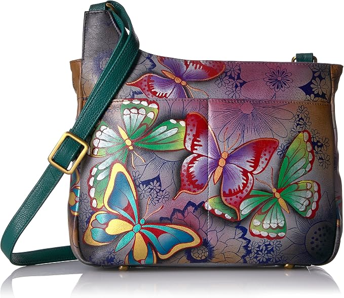 ANUSCHKA Women's 'Anna' Hand-Painted Leather Crossbody Bag - Butterfly Paradise Design (10.5"x8.5"x3.5")