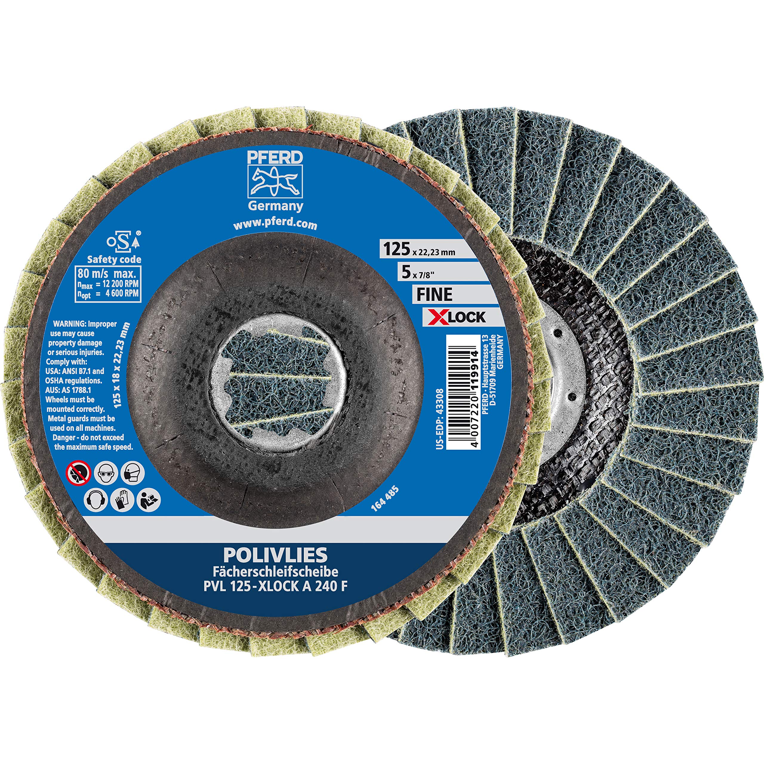 PFERD Pollifleece flap washer, pack of 5, 125 mm, A240, fine, X-LOCK (22.23 mm), 44694213 - for quick and comfortable tool changes