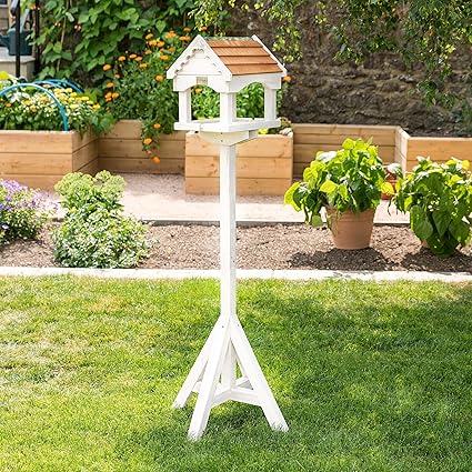 Christow Large White Wooden Bird Table Freestanding Garden Feeder