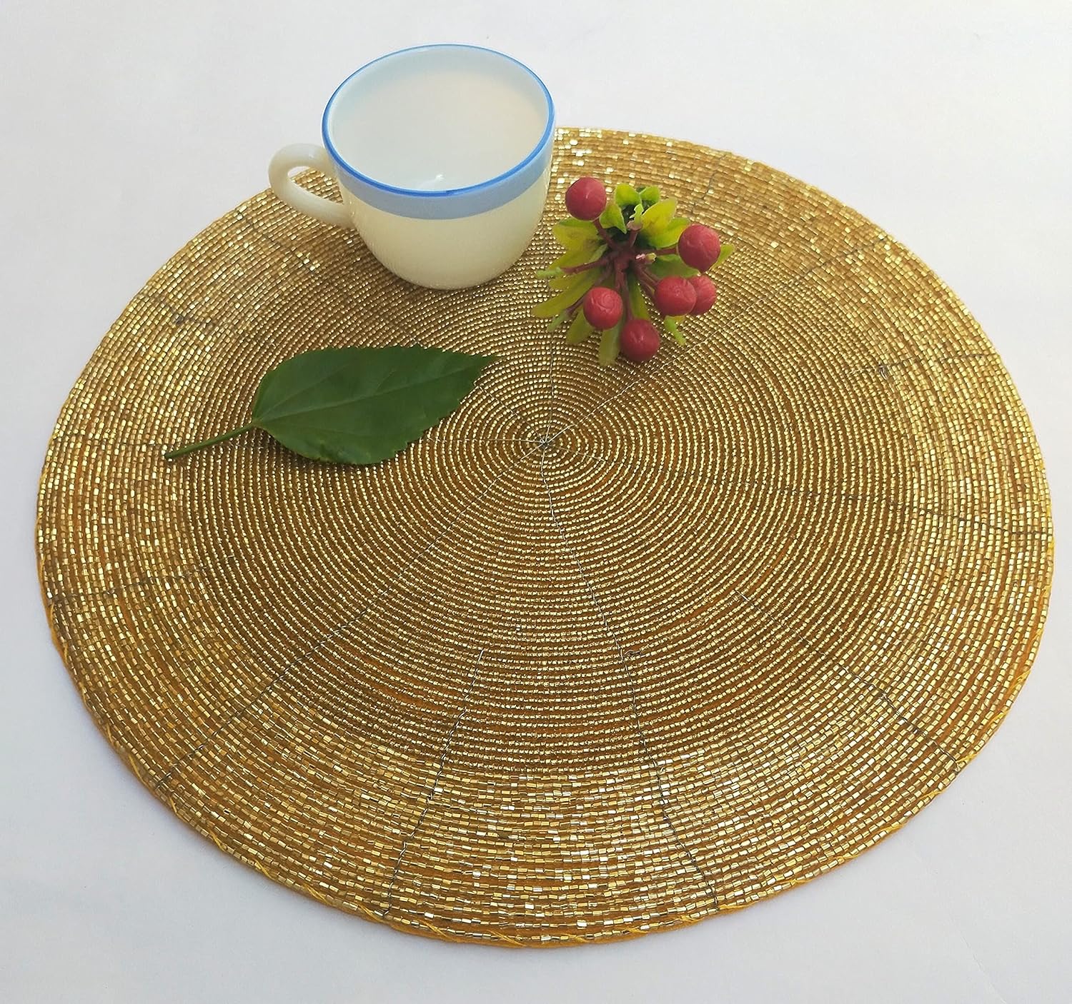 Buy CANVASS™ Decorative Handmade Beaded Golden Round Placemat Perfect