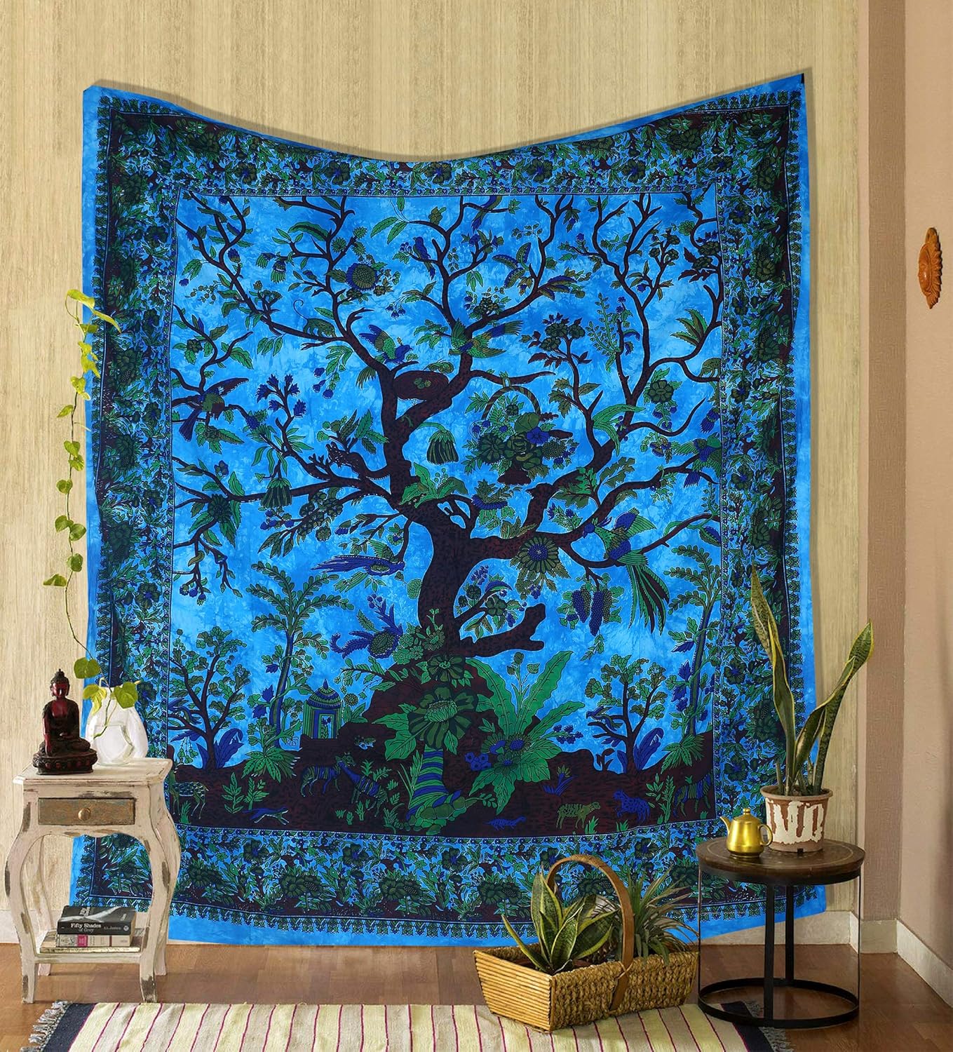 Tapestries - THE ART BOX Tapestry Turquoise Tree of Life Wall Hanging Psychedelic Tapestries Indian Cotton Twin Bedspread Picnic Sheet Wall Decor Blanket Wall Art Hippie Bedroom Décor (Medium, 60x54 Inch)