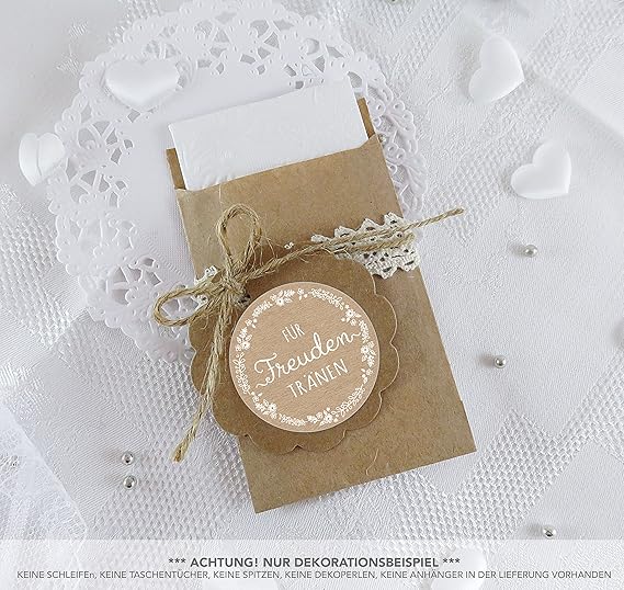 SET GROß: 48 Freudentränen Sticker + 48 braune Flachbeutel - Kraftpapier - 63 x 93 mm für Freudentränen Taschentuch Verpackun