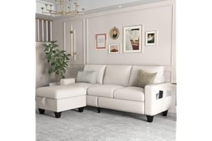 ZeeFu Convertible Sectional Sofa Couch,Beige Linen Fabric Modern 3-Seat L-Shaped Upholstered Furniture with Storage Reversible Ottoman and Pockets for Living Room Small Space Apartment
