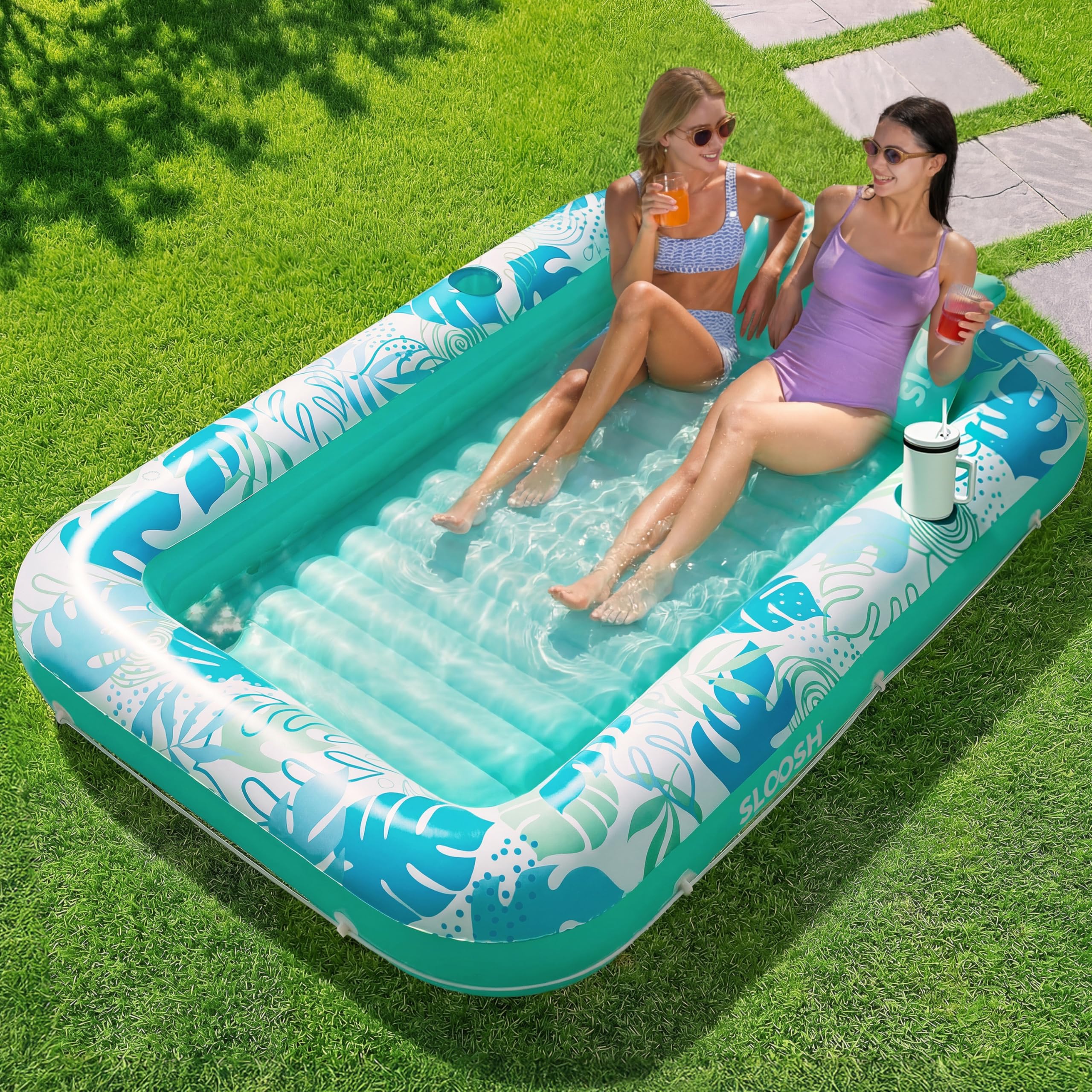 SLOOSH Inflatable Tanning Pool Lounger Float, 85" x 57" Extra Large Pool Floats Adult with Pillow, 4 in 1 Suntan Tub Raft Floatie,Sunbathing Bed Lounge for Water Blow Up Party Gifts, XL-Cyan White