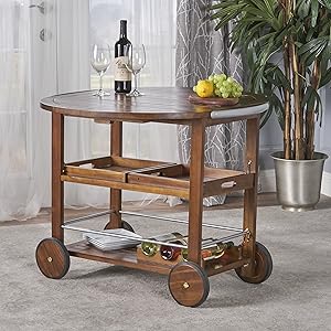 Christopher Knight Home Cyndy Farmhouse Cottage Acacia Wood Bar Cart, Dark Oak/Shiny Powder Coating