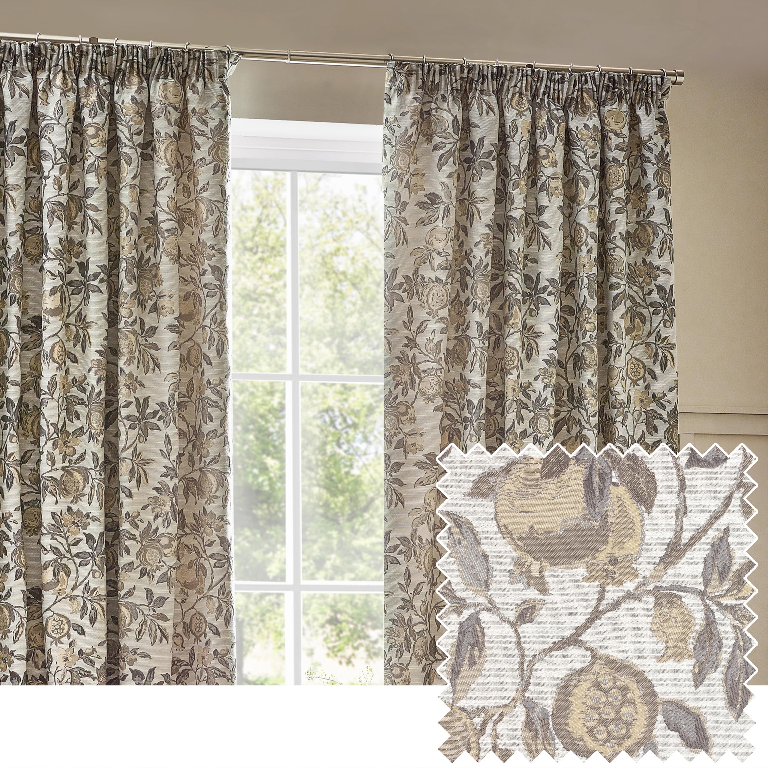 furn. Wylder Tropics Pomegranate Floral Jacquard Pencil Pleat Curtains - 2 Panels - Width x Drop - 168 x 183cm (66 x 72) - Natural