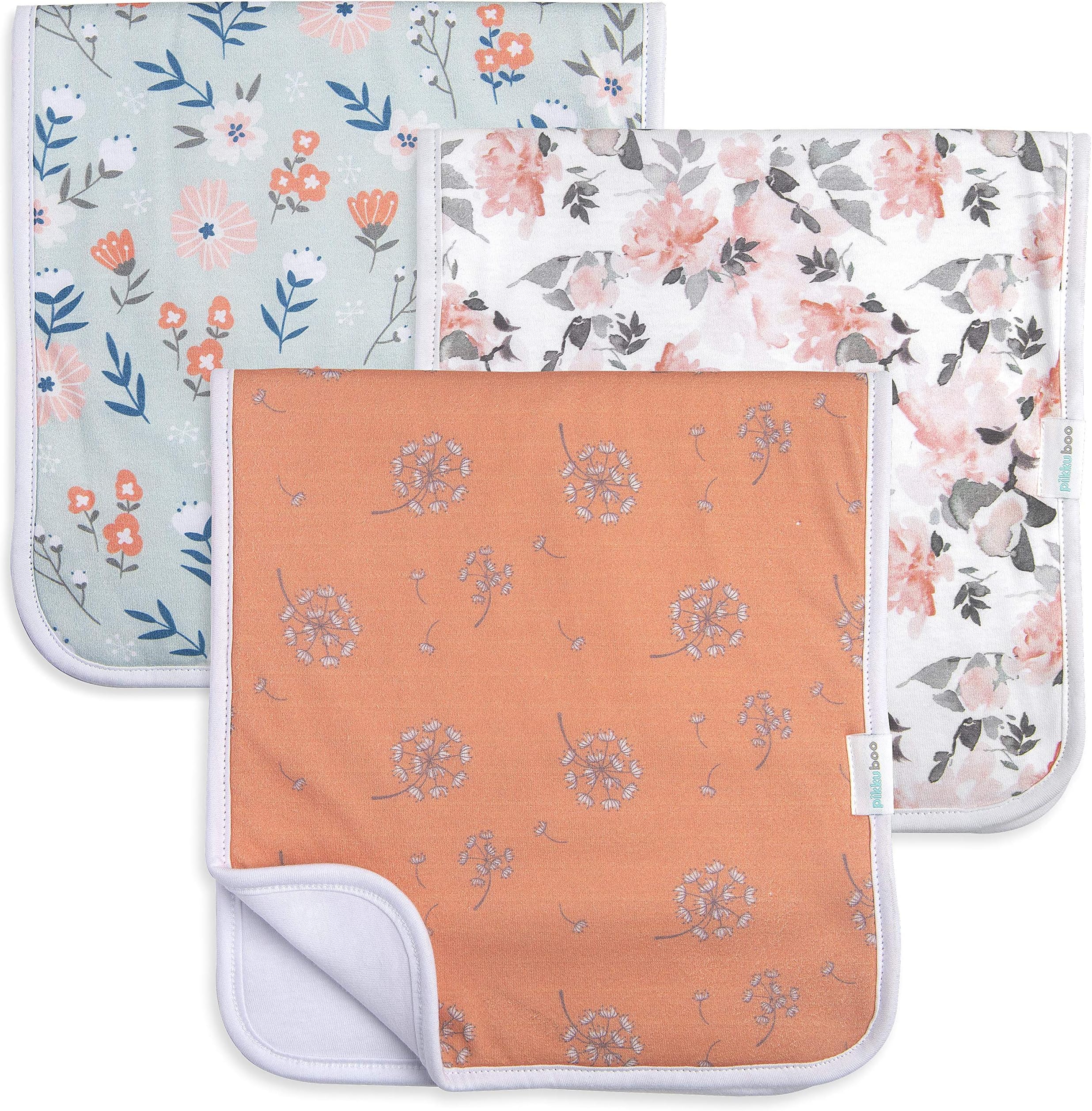 Baby Burp Cloth (3-Pack), Super-Soft 100% Organic Cotton Muslin, Large 18.5"x10" Size, Absorbent 3-Layer Towels, Cute Flower Design for a Baby Girl
