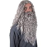 Kangaroo Gray Wizard Wig and Beard Set – Long Adult Wizard Costume Mens Halloween Wig with Fake Beard & Mustache Cosplay Funny Wigs Accessories for Sorcerer, Carnival Party Dress up Apparel