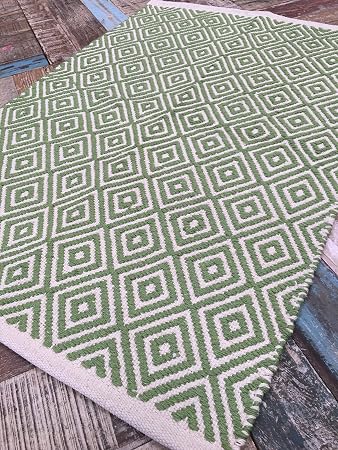 Fair Trade Soft Cotton Diamond Sage Green White Natural Rug 120cm