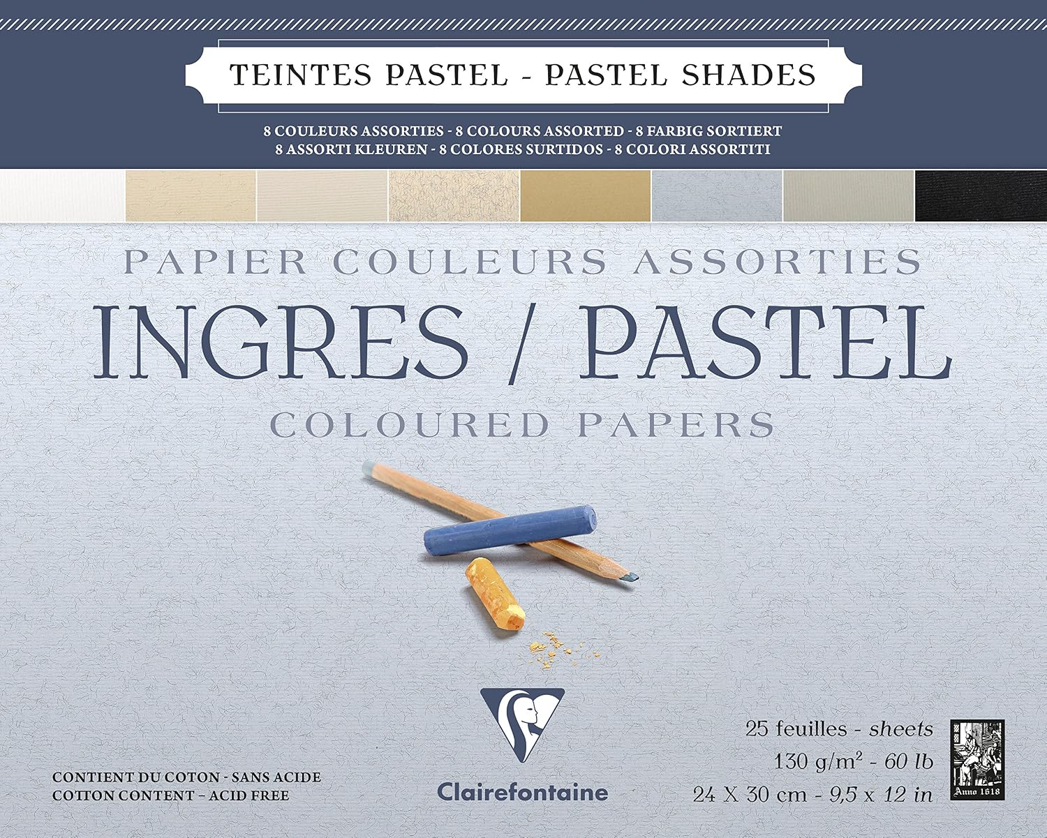 Clairefontaine, Ref 96487C, Ingres Pastel Colour Glued Pad (25 Sheets), 24 x 30cm Size, Cotton Content, Acid Free
