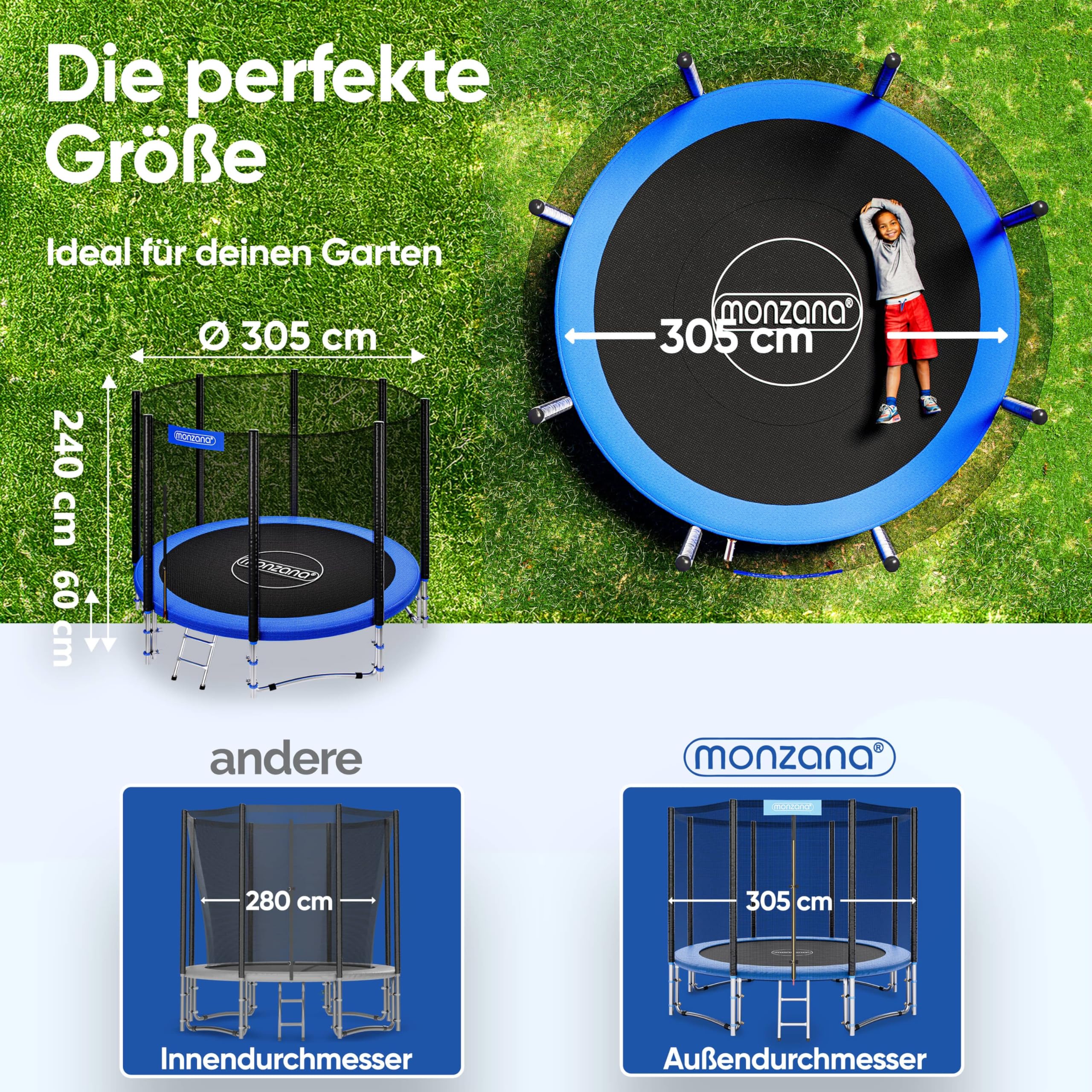 MONZANA® Trampolin Ø 305 cm TÜV SÜD GS Zertifiziert Komplettset mit Sicherheitsnetz, Leiter, Randabdeckung & Zubehör - Kindertrampolin Gartentrampolin 6