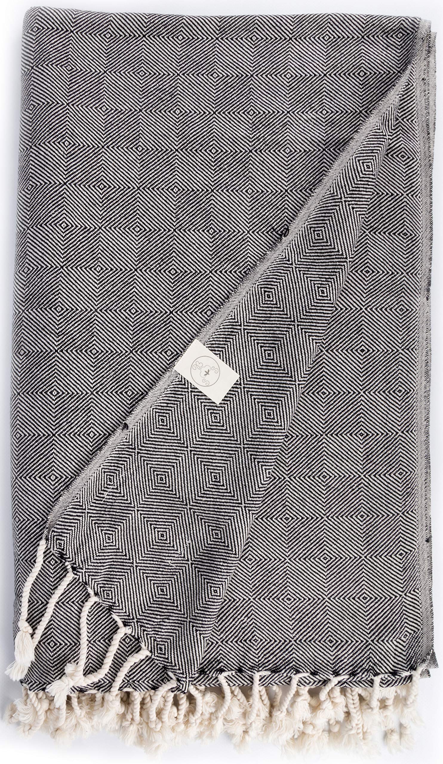 Bersuse 100% Cotton - Milas XXL Throw Blanket Turkish Towel - Black