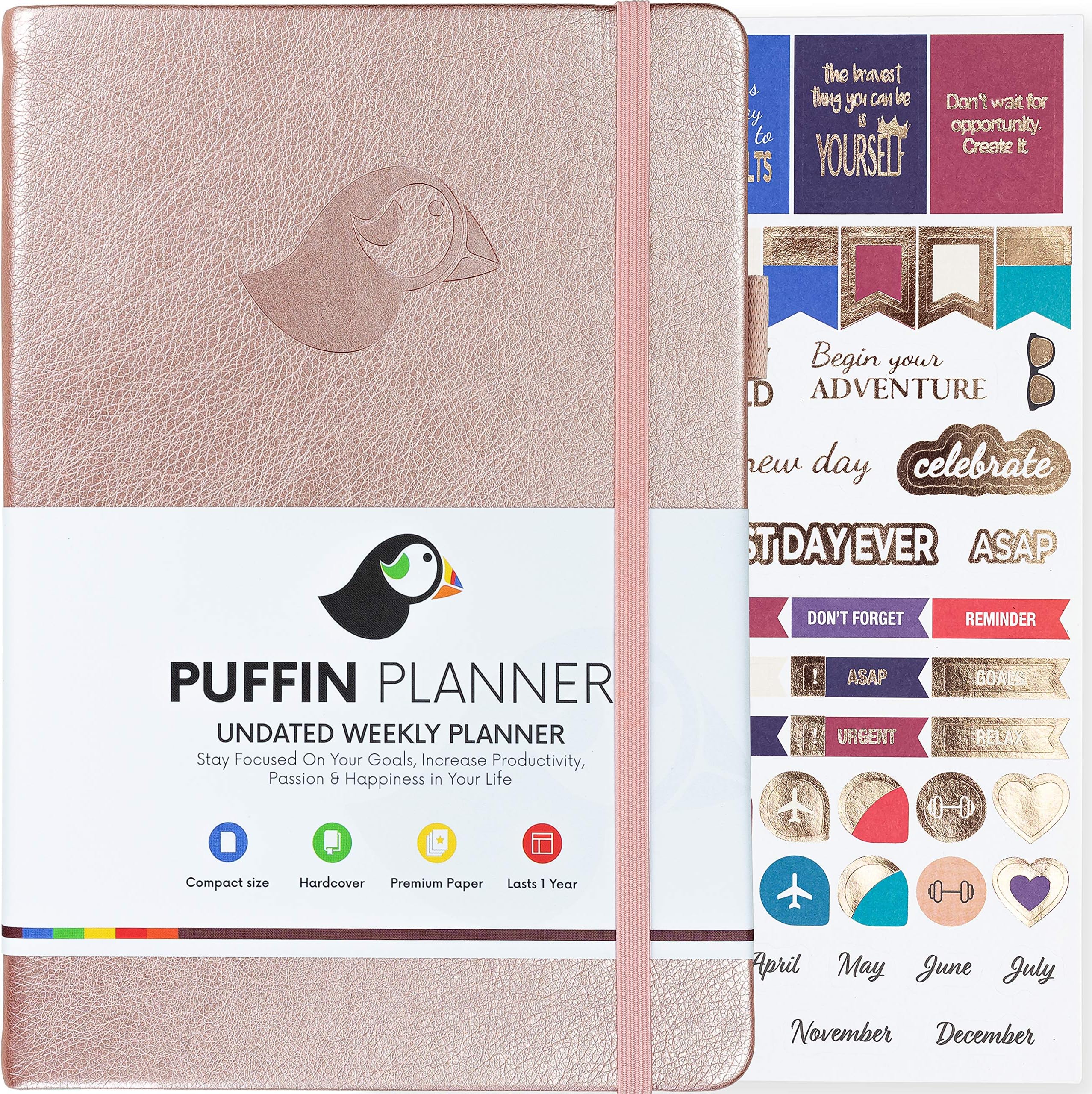 Puffin Planner - Compact Weekly & Monthly Goal Planner & Organizer Journal to Improve Time Management and Productivity. B5 Size, Undated - Start Anytime, Lasts 1 Year + Bonus Stickers (Rose Gold)