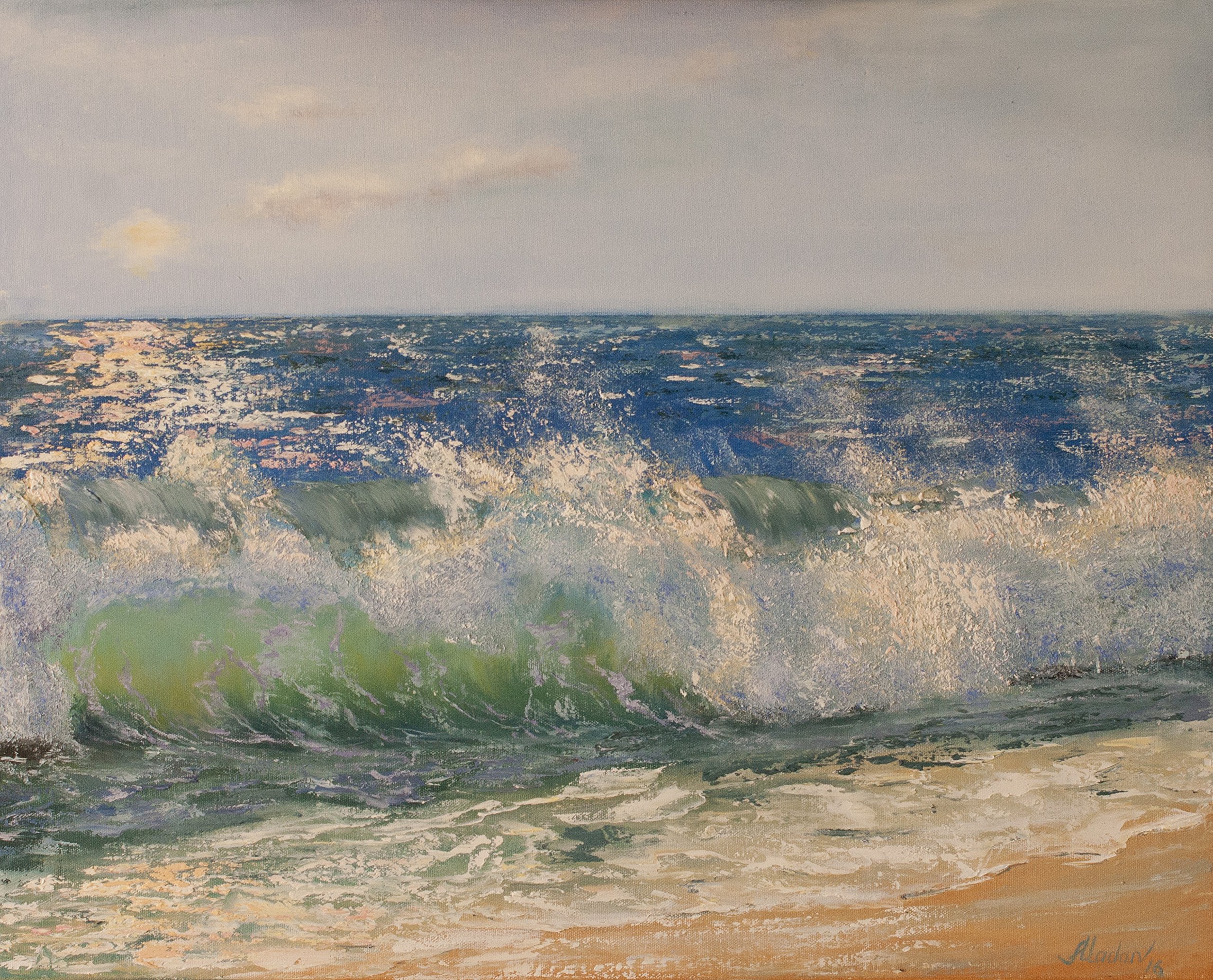 16 * 20 Seascape painting of sea beach, ocean shore, wavy beach art, original oil painting of the sea signed by artist, marine art