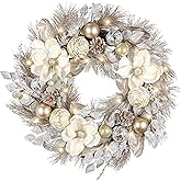 Valery Madelyn 24'' Pre-Lit Christmas Wreath for Front Door with Lights, Collapsible Lighted Outdoor Christmas Wreath with Champagne Gold Xmas Balls Magnolia for Home Fireplace Window Holiday Decor