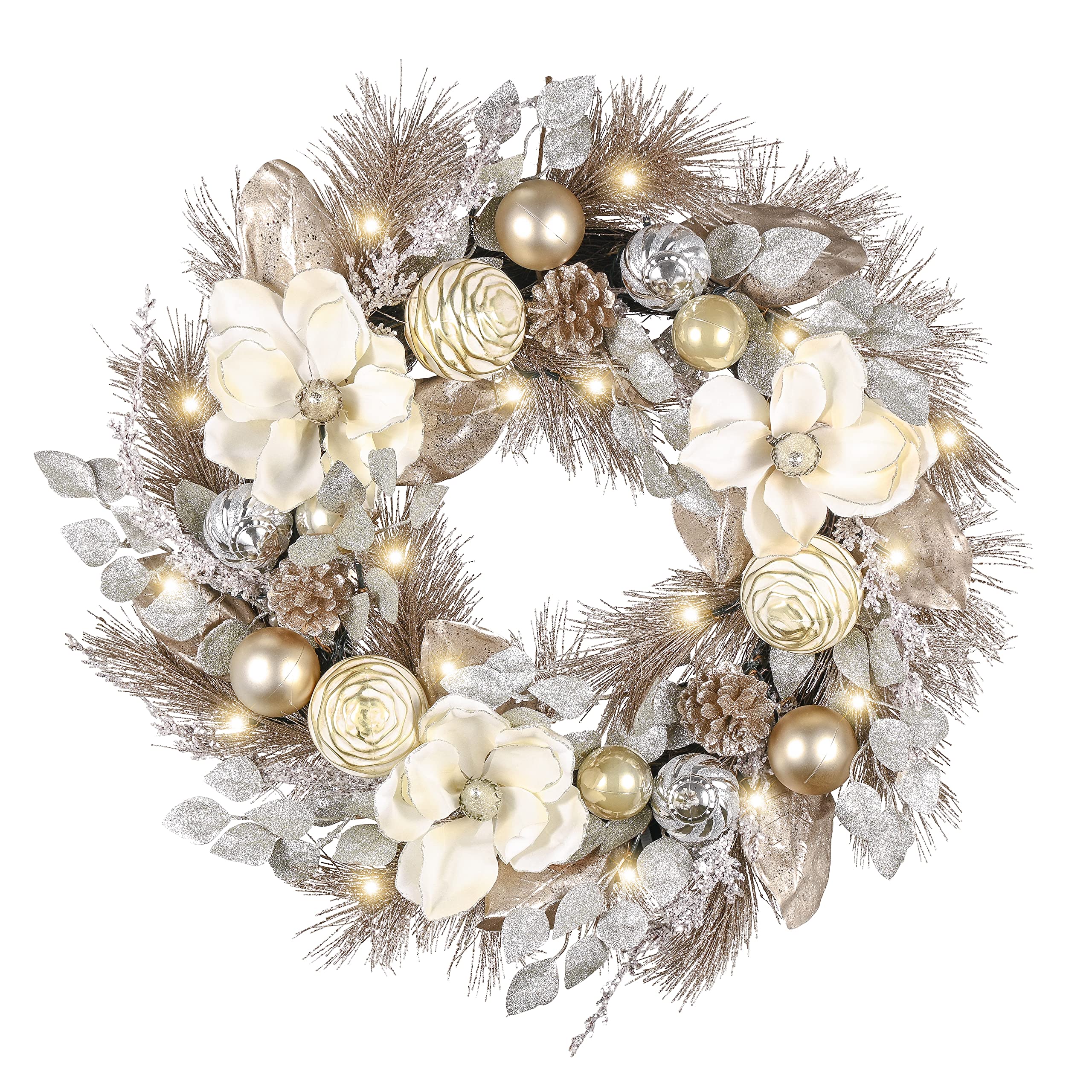 Photo 1 of Valery Madelyn 24 Inch Pre-Lit Christmas Wreath for Front Door with Lights, Large Lighted Christmas Wreath with Champagne Gold Xmas Balls for Fireplace Window Outdoor Table Centerpiece Home Decoration