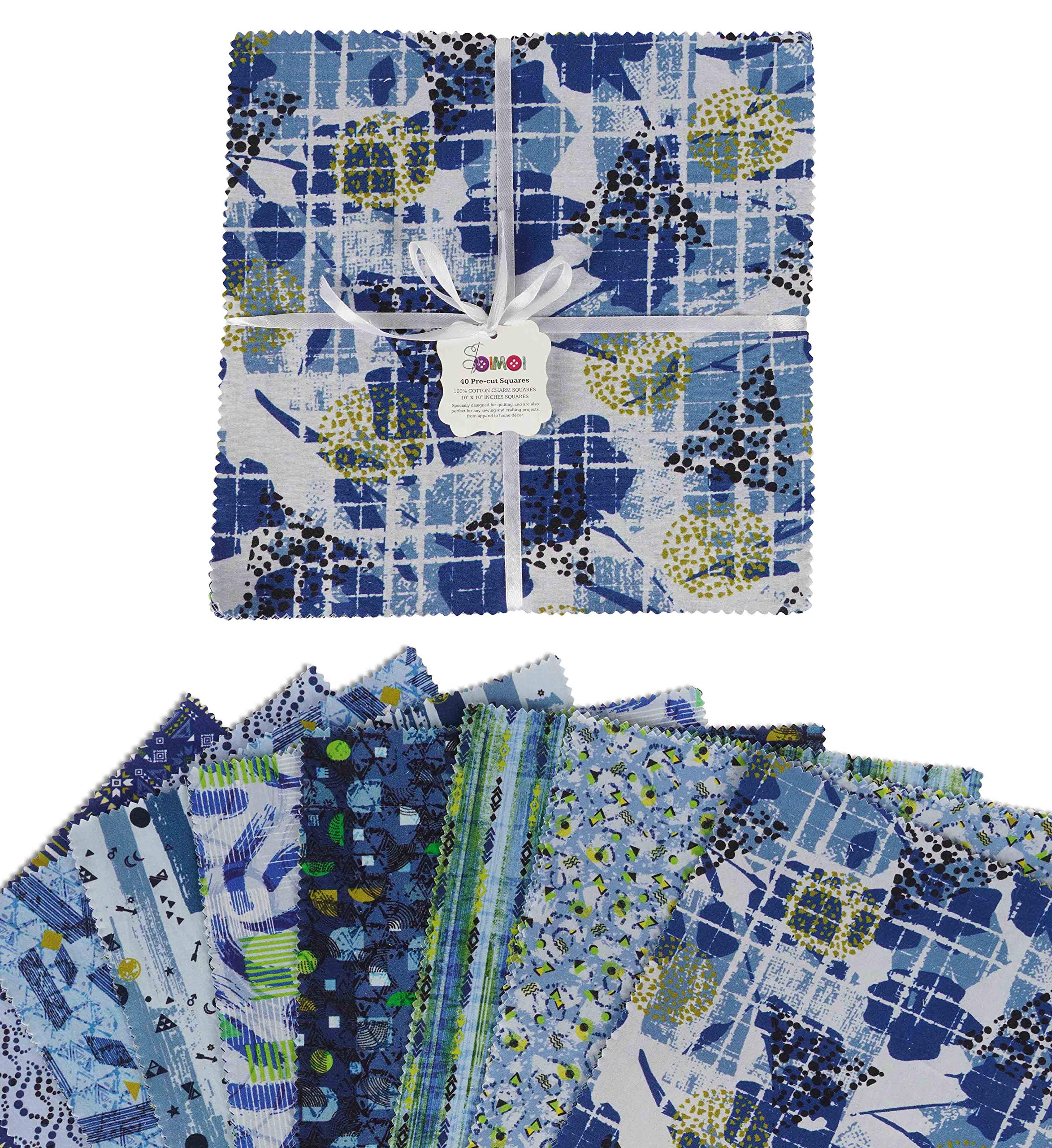 Soimoi Precut 10-inch Asian Theme Prints Cotton Fabric Bundle Quilting Squares Charm Pack DIY Patchwork Sewing Craft- Blue