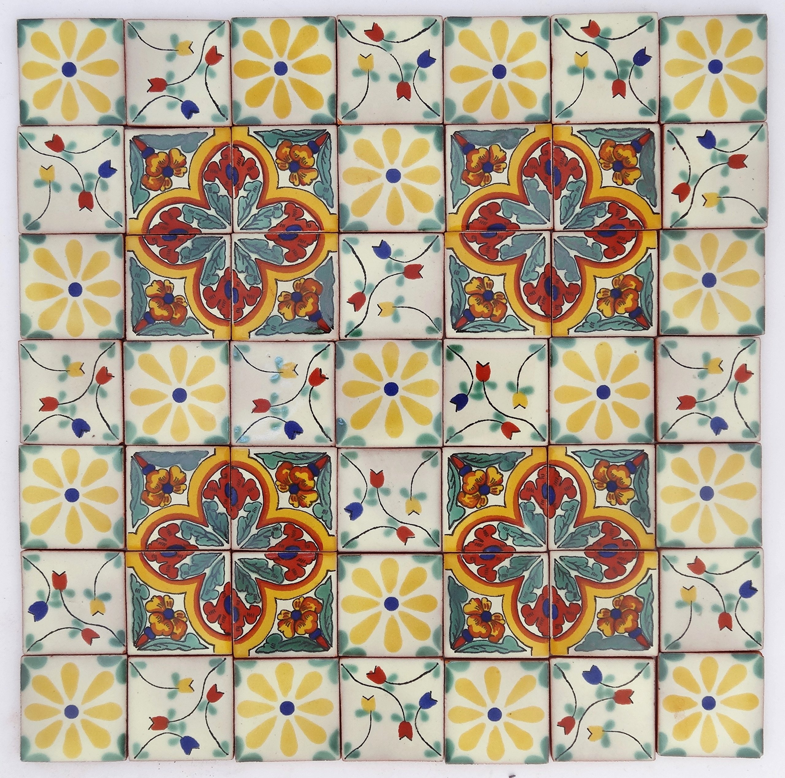 Pack of 50 Assorted Talavera Mexican Handmade 5cm Tiles: 'Los Florals'